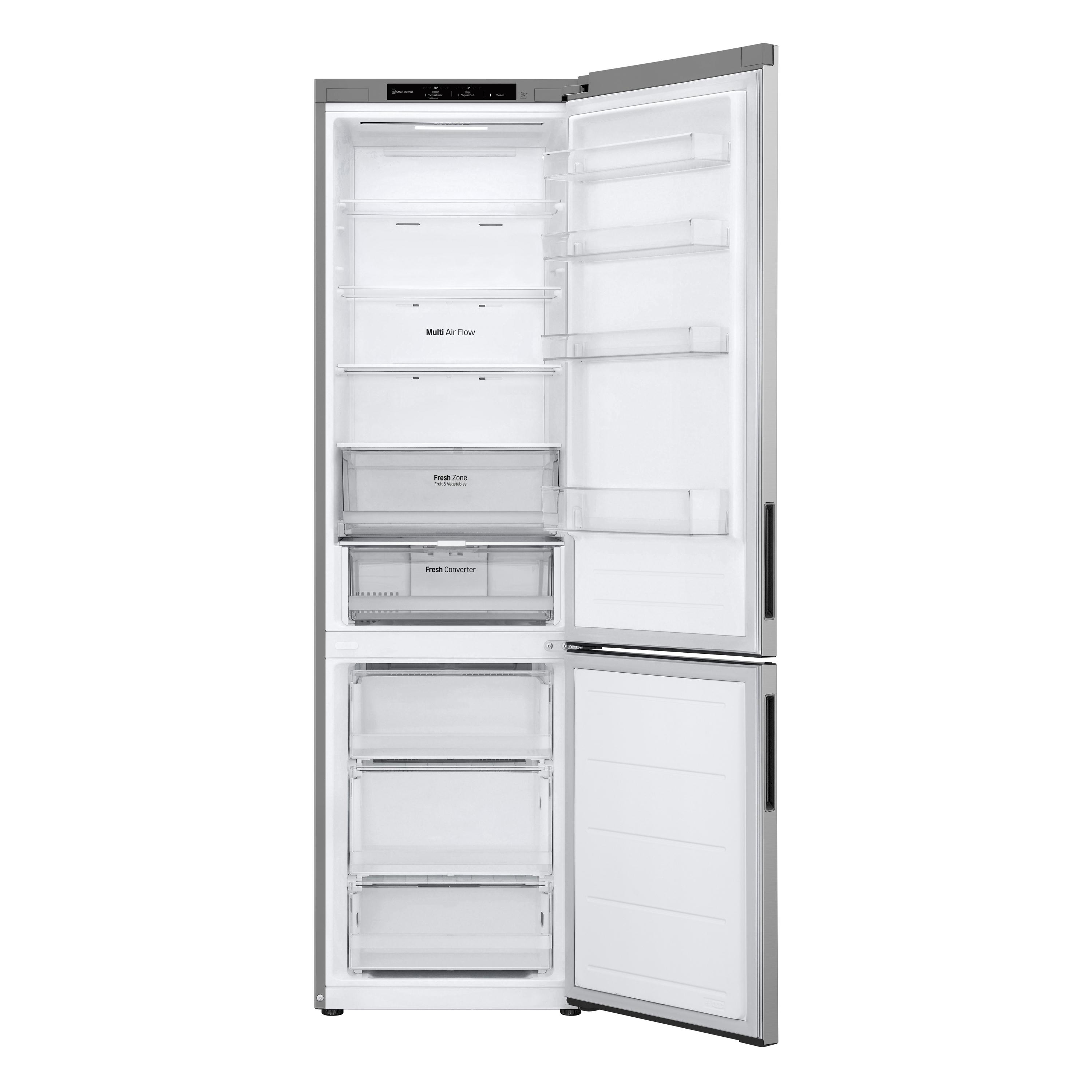 Ein silberner Kühlschrank mit geöffneten Türen, leer.