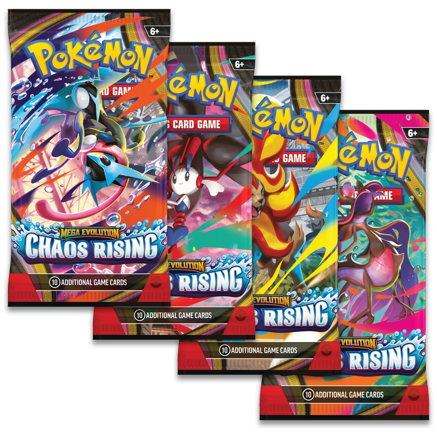 Four Pokemon card packs featuring various creatures and the title 'Chaos Rising'.