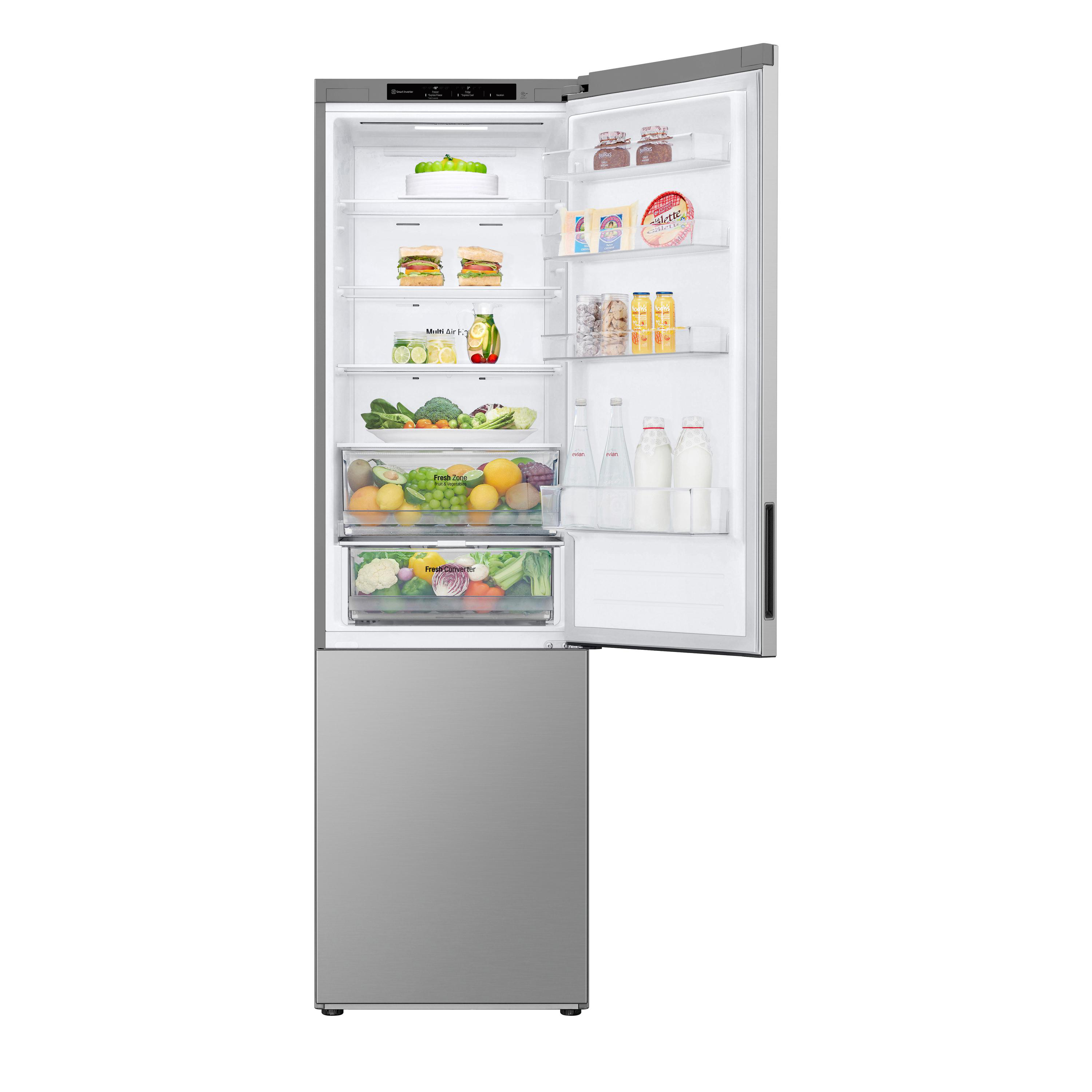 Ein offener Kühlschrank mit Lebensmitteln wie Obst, Gemüse, Sandwiches, Kuchen und Getränken.
