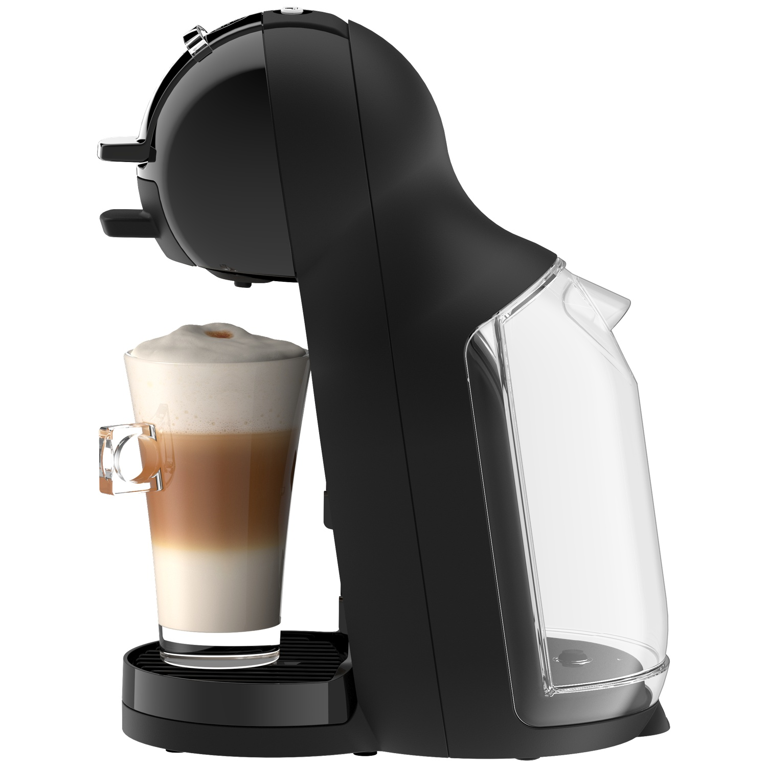Zwarte koffiemachine met een glas latte macchiato op de lekbak.