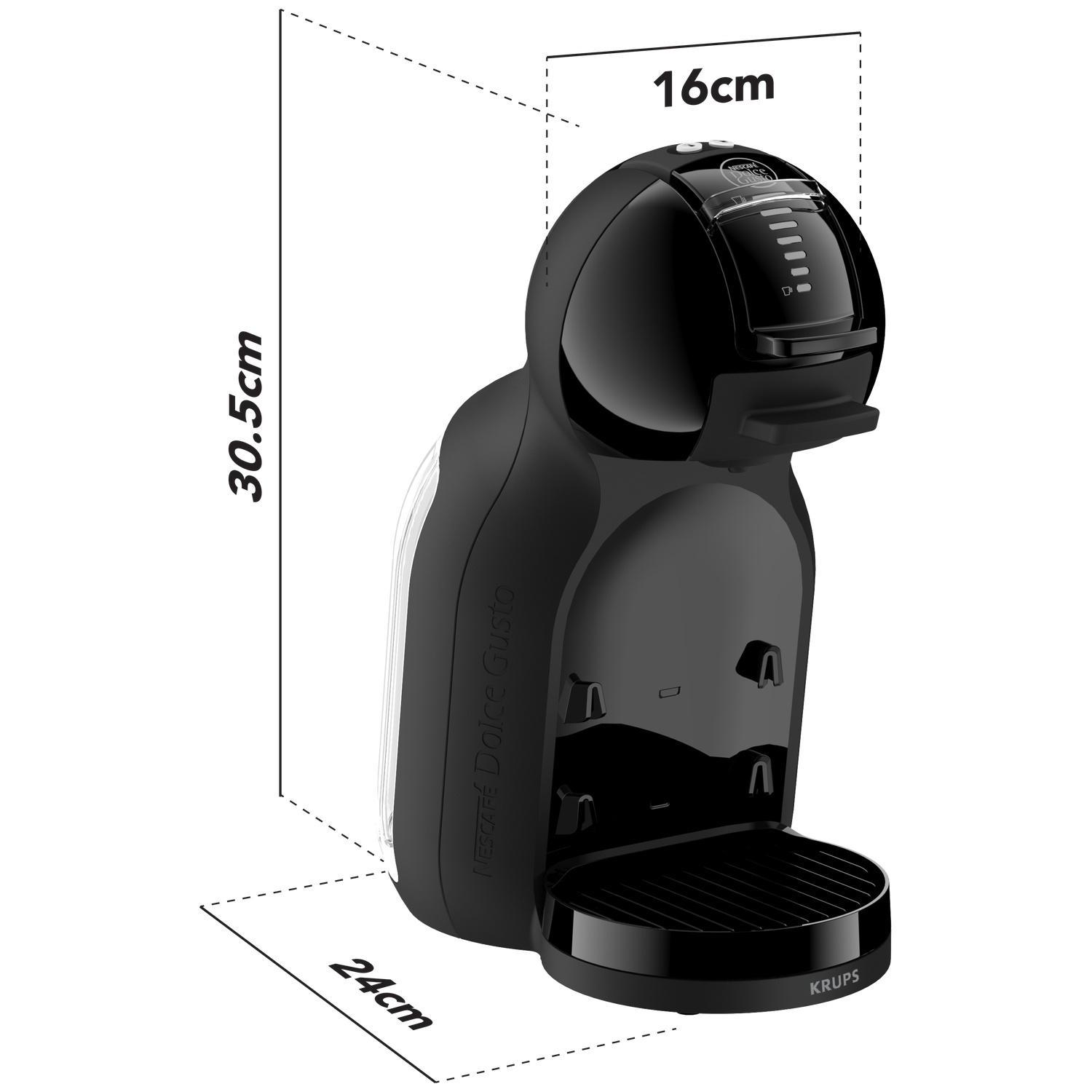 Zwarte koffiemachine met afmetingen 30,5 cm H, 16 cm B, 24 cm D.