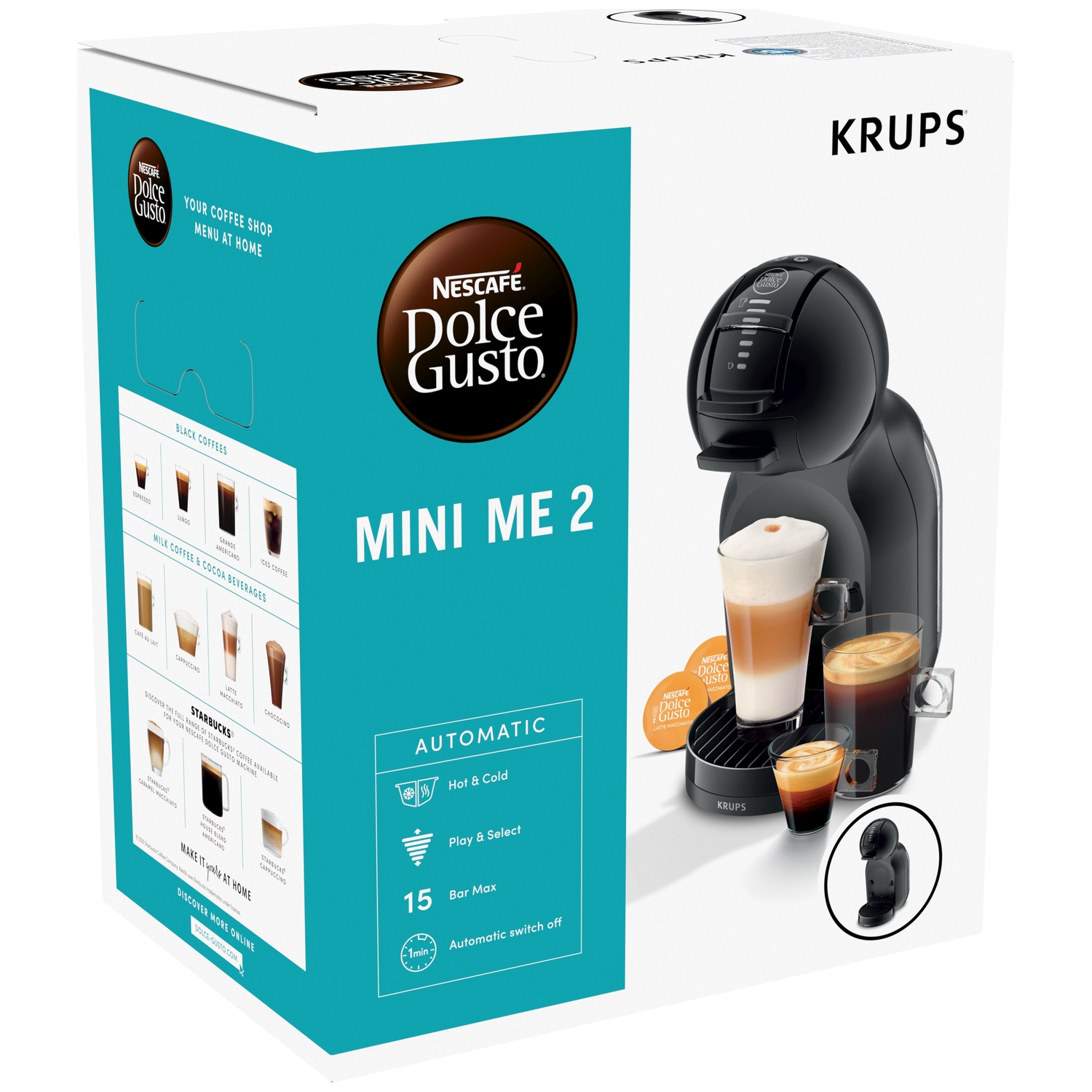 Een Nespresso Dolce Gusto Mini Me 2 koffiezetapparaat op de verpakking met drankjes.