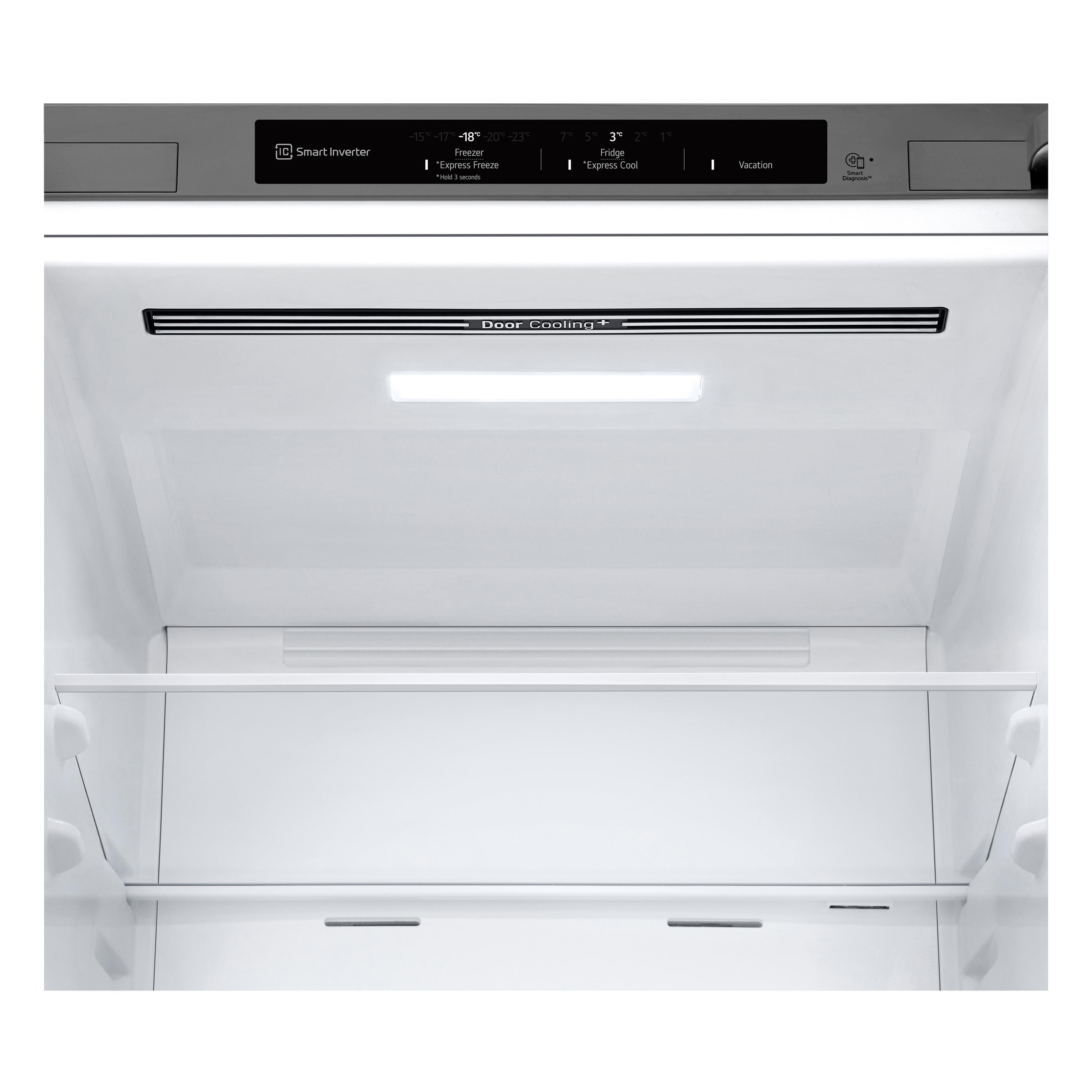 Ein leerer Kühlschrank mit einem Bedienfeld oben und einer Lichtleiste.