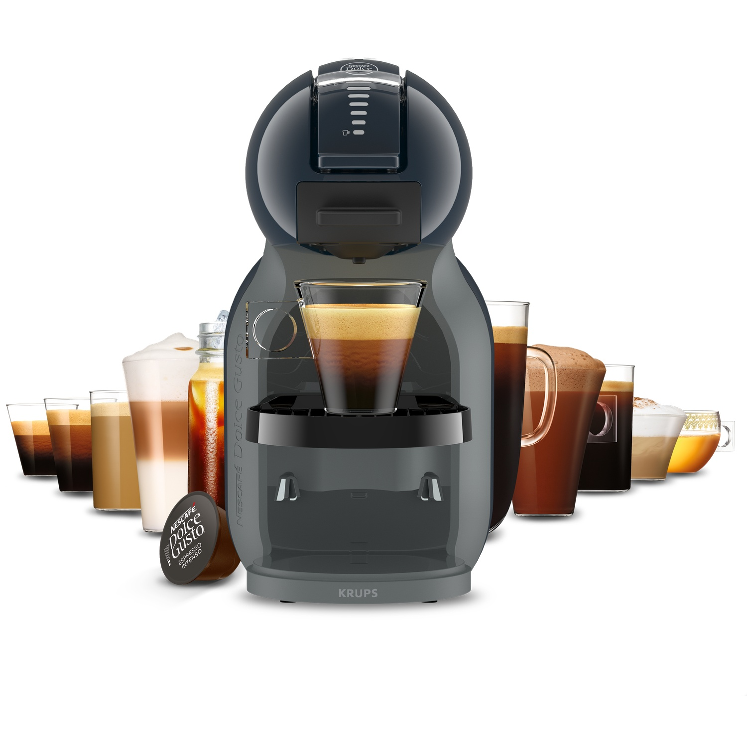 Een donkere koffiemachine met diverse koffiedranken in glazen.