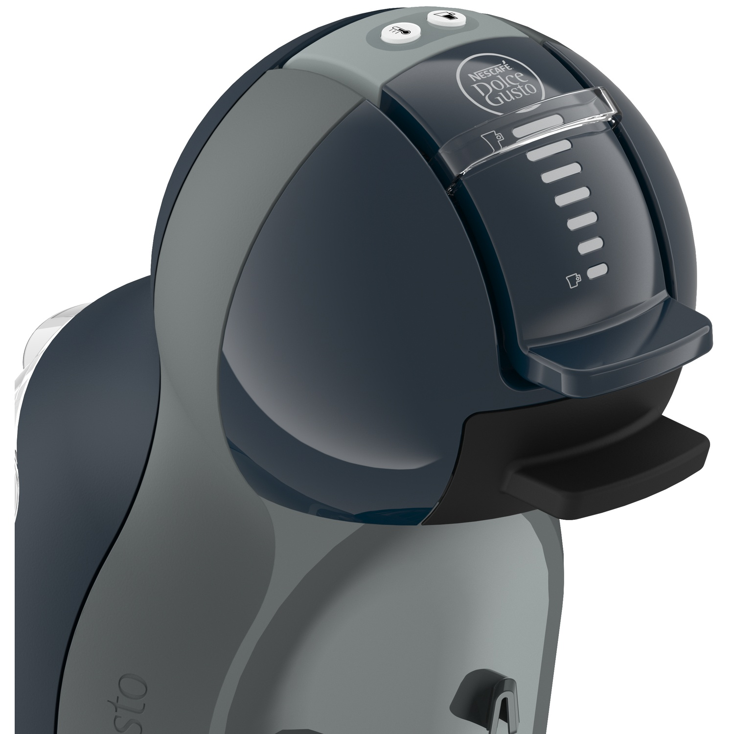 Donkergrijs en lichtgrijze koffiemachine met Nescafé Dolce Gusto logo.