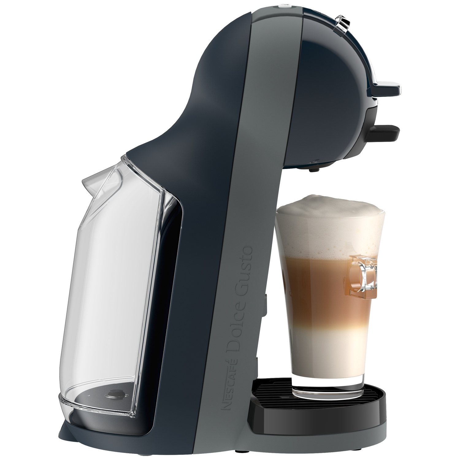Een donkergrijze Nescafé Dolce Gusto koffiezetapparaat met een doorzichtig waterreservoir en een gelaagde latte.