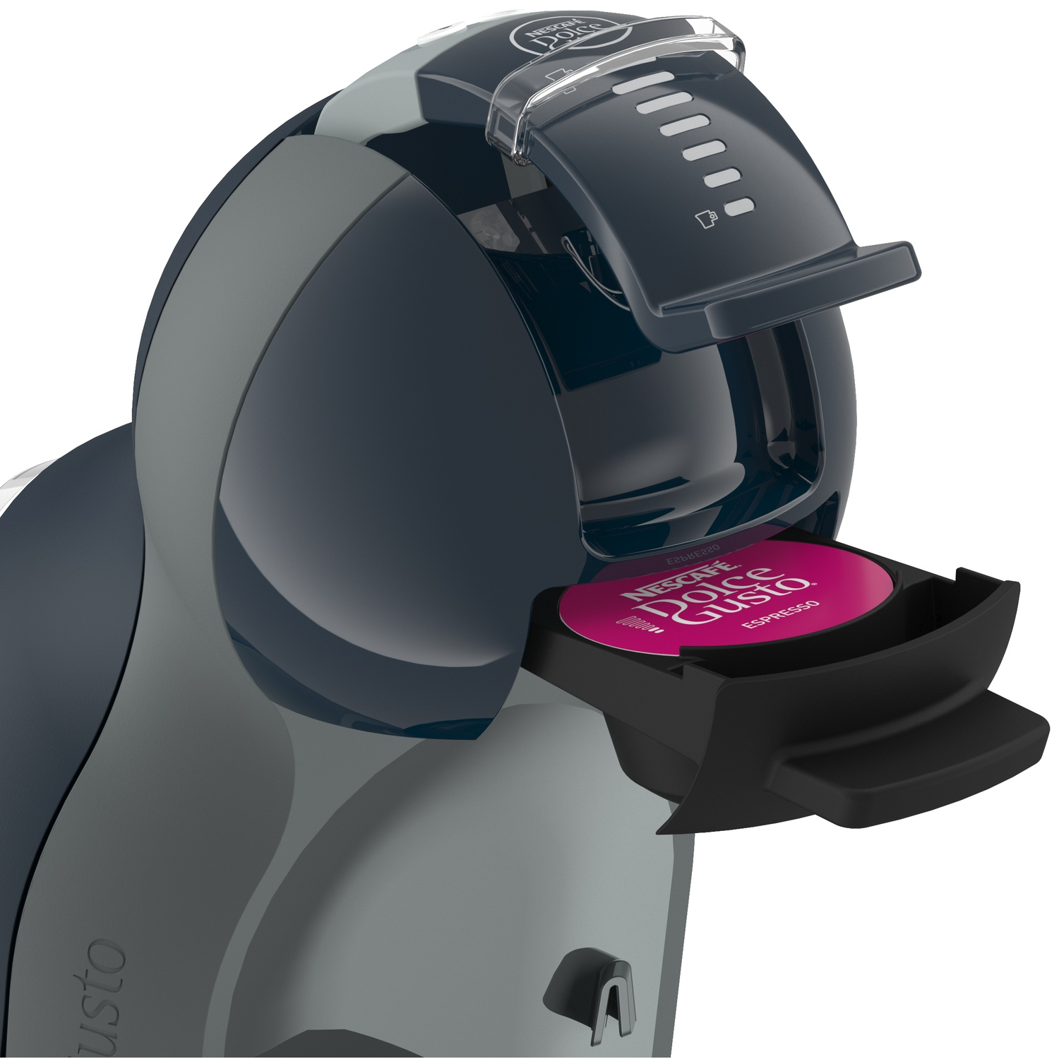 Donkergrijze koffiemachine met roze capsule in het bakje.