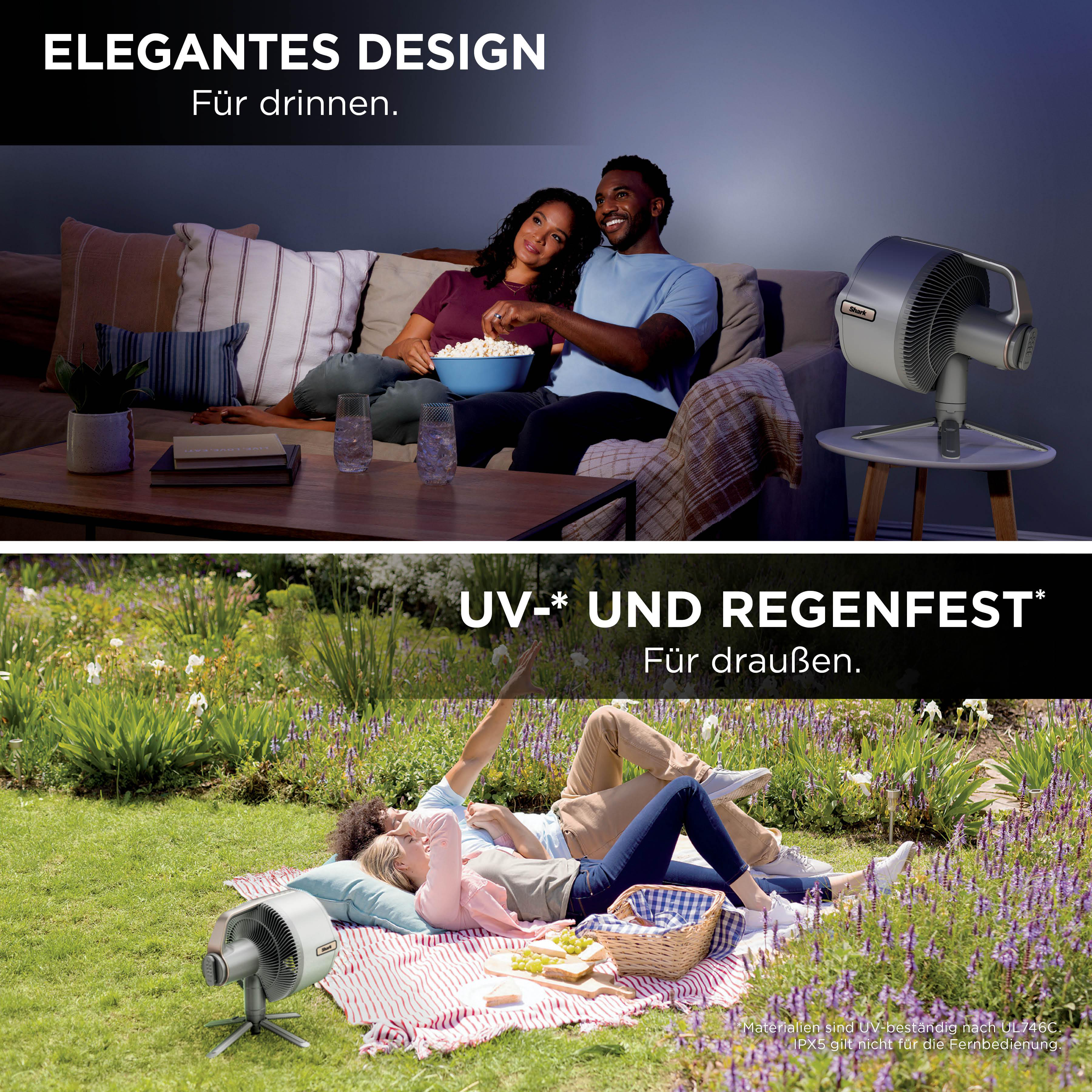 Ein Paar genießt Popcorn drinnen, ein Ventilator steht auf einem Beistelltisch. Ein Paar picknickt draußen.