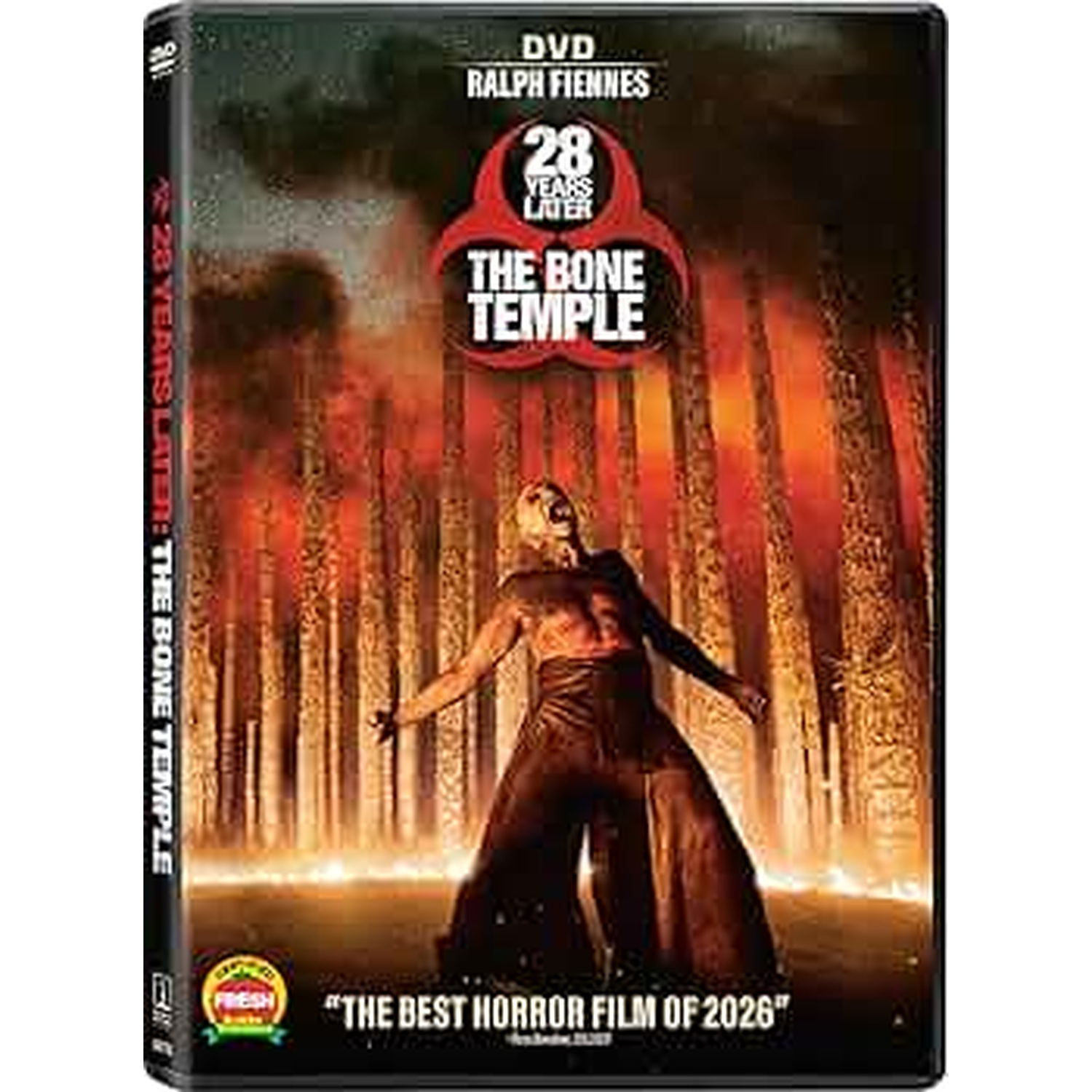 DVD-hoes: Vrouw schreeuwt voor brandende bos. Titel: 28 Years Later: The Bone Temple.
