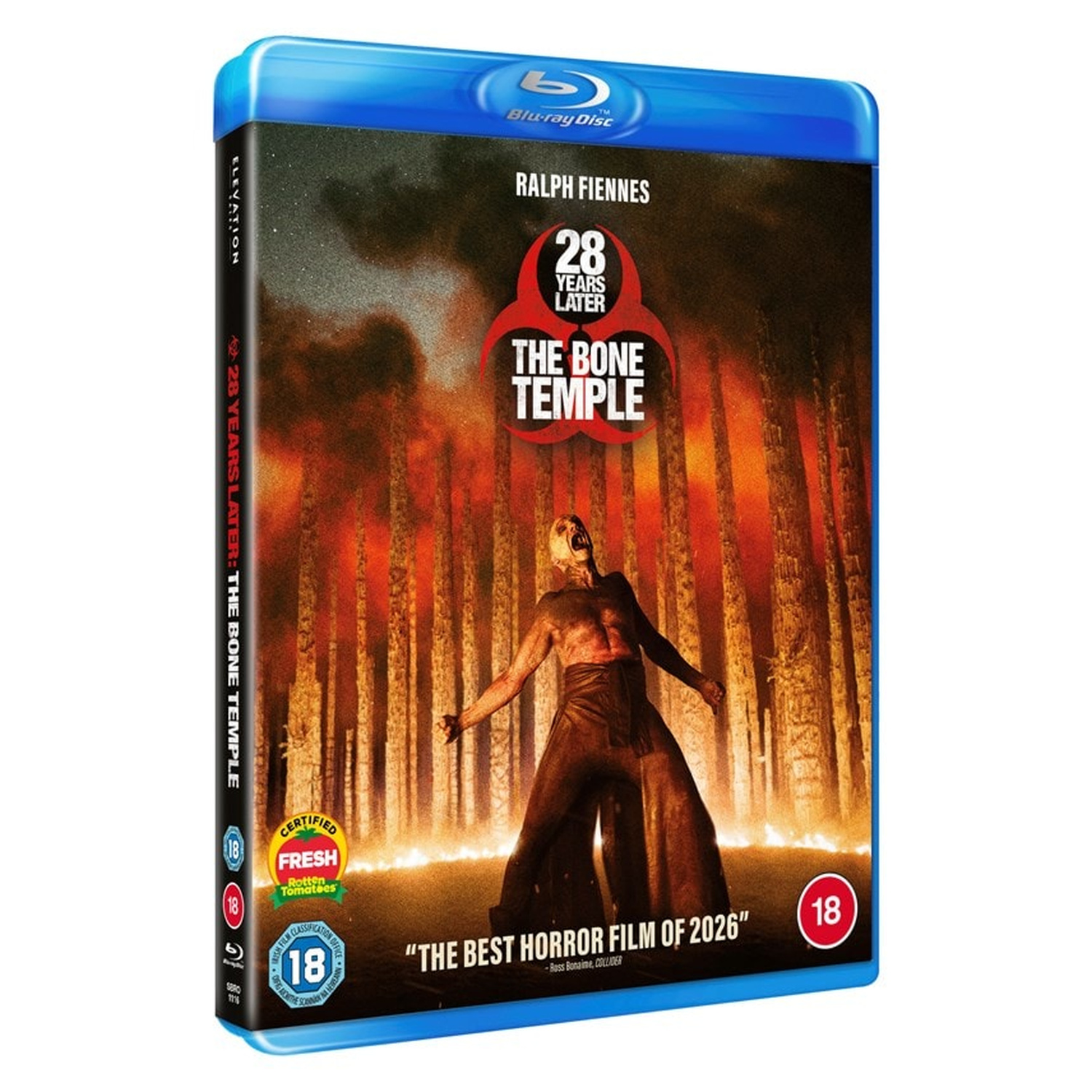 Couverture Blu-ray '28 Years Later: The Bone Temple' avec forêt en feu et figure de mort-vivant.