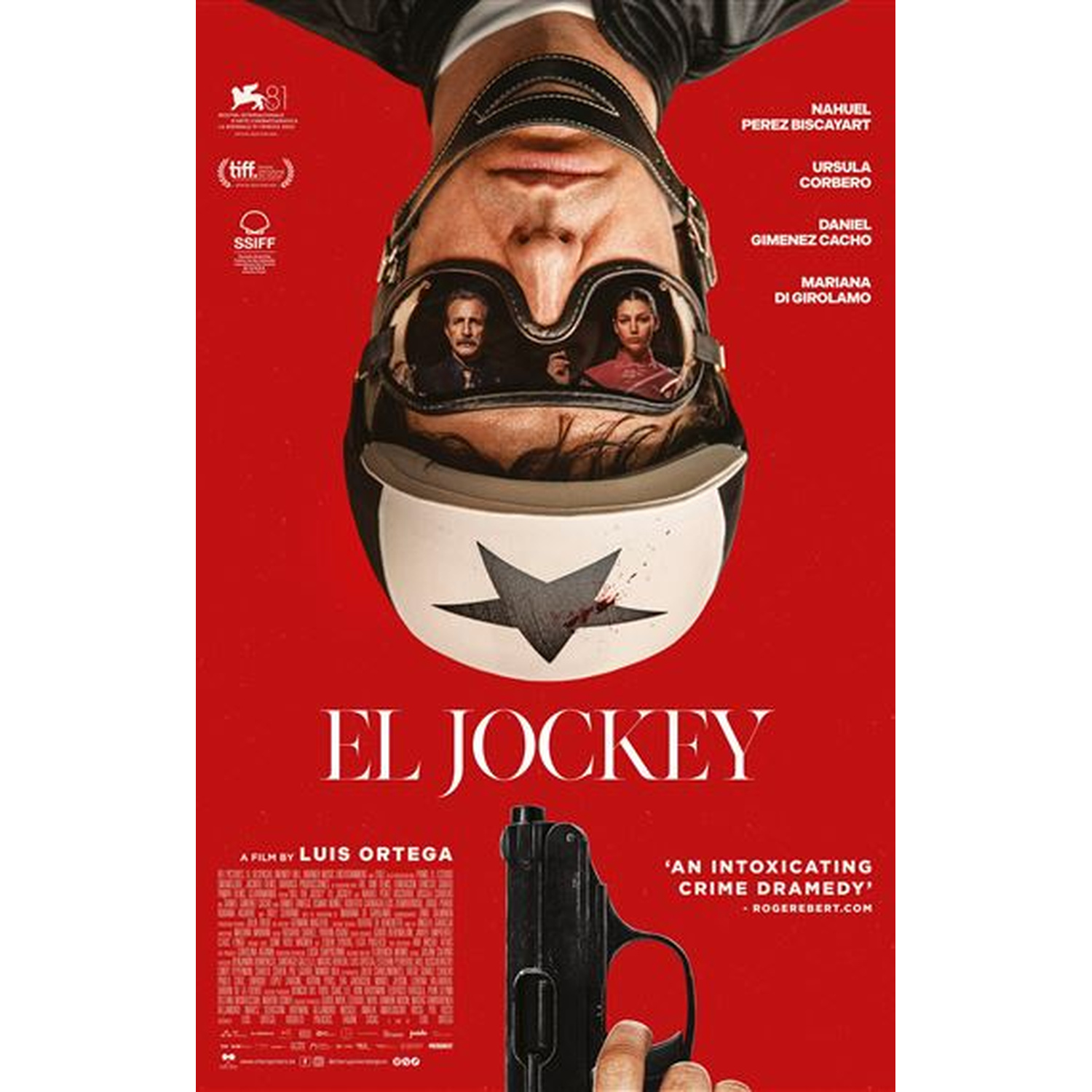 Affiche du film 'El Jockey' avec un homme en casque et un pistolet.