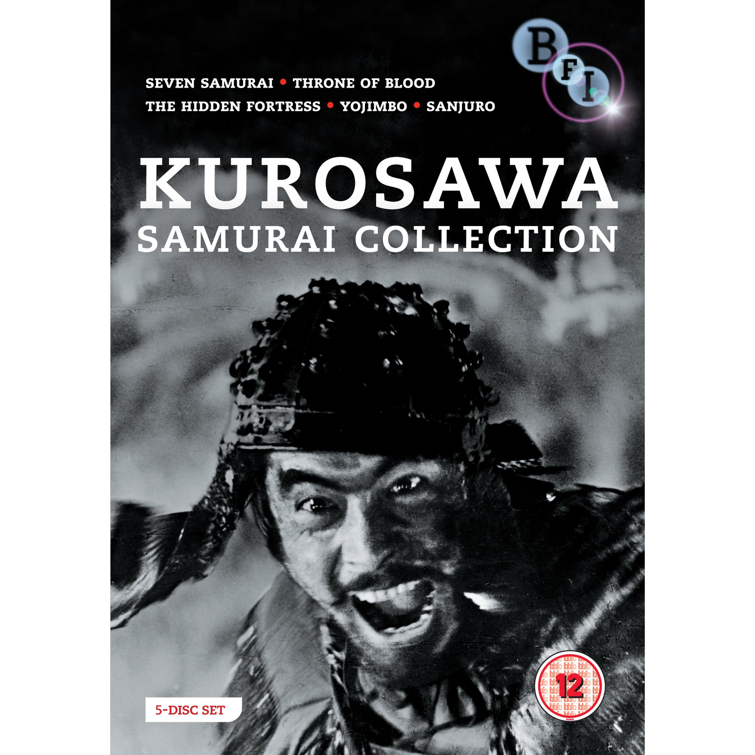 DVD-hoes: Close-up van een Japanse krijger met helm, getiteld Kurosawa Samurai Collection.