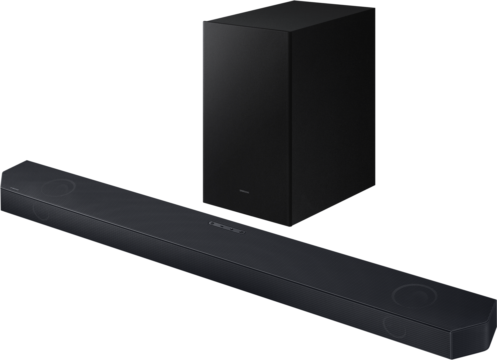 Eine schwarze Samsung Soundbar und ein Subwoofer sind vor schwarzem Hintergrund abgebildet.