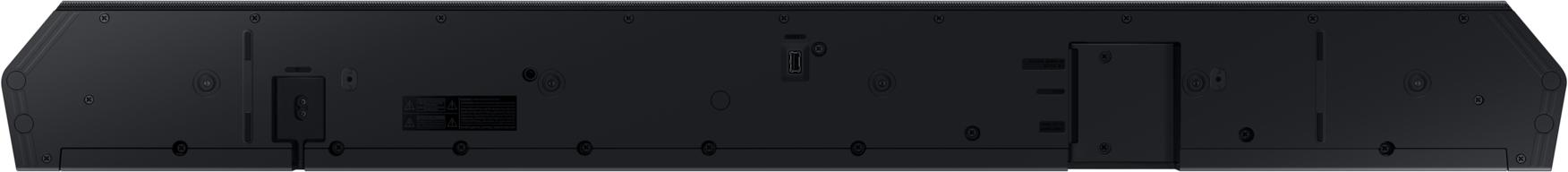 Rückseite eines schwarzen Soundbars mit Anschlüssen und Schrauben.