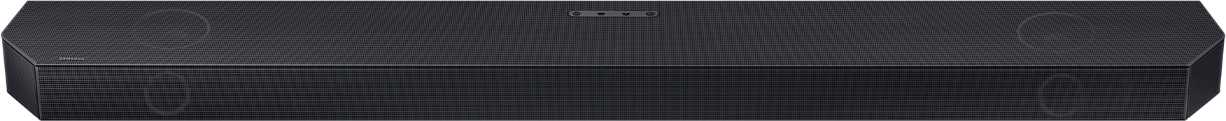 Ein schwarzer, sechseckiger Samsung Soundbar mit sichtbaren Lautsprechergittern und Knöpfen.