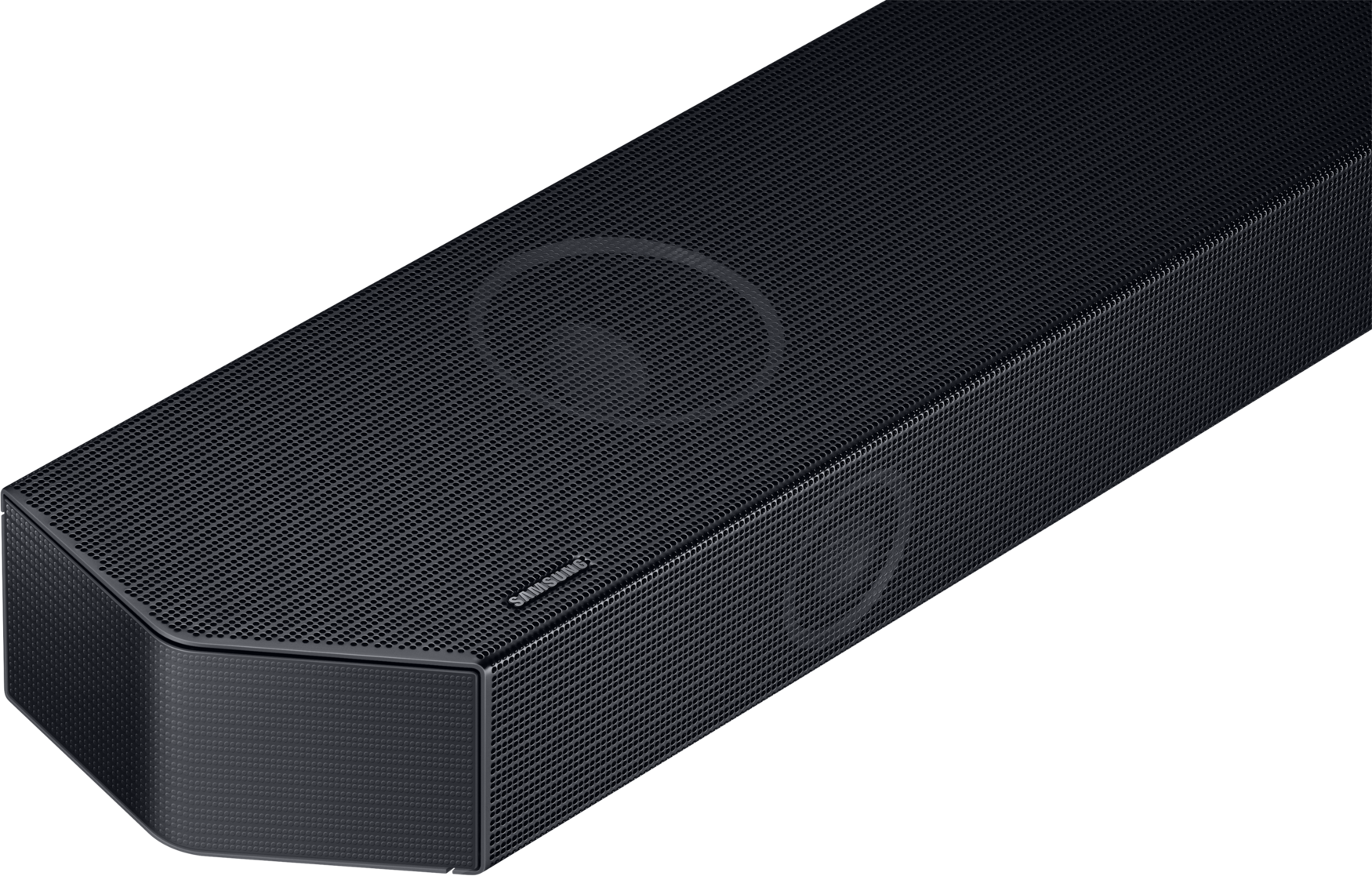 Schwarzer Samsungsoundbar mit Lautsprechermustern und silbernem Logo.