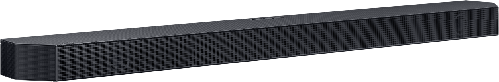 Schwarzer, rechteckiger Soundbar-Lautsprecher mit gerippter Vorderseite und Lüftungsgitter.