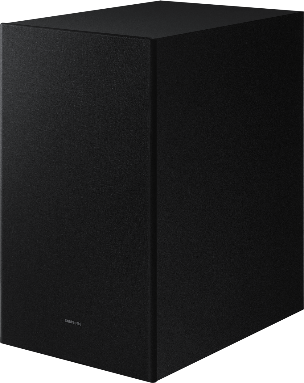 Schwarzer, rechteckiger Subwoofer mit dezenter Samsung-Aufschrift.