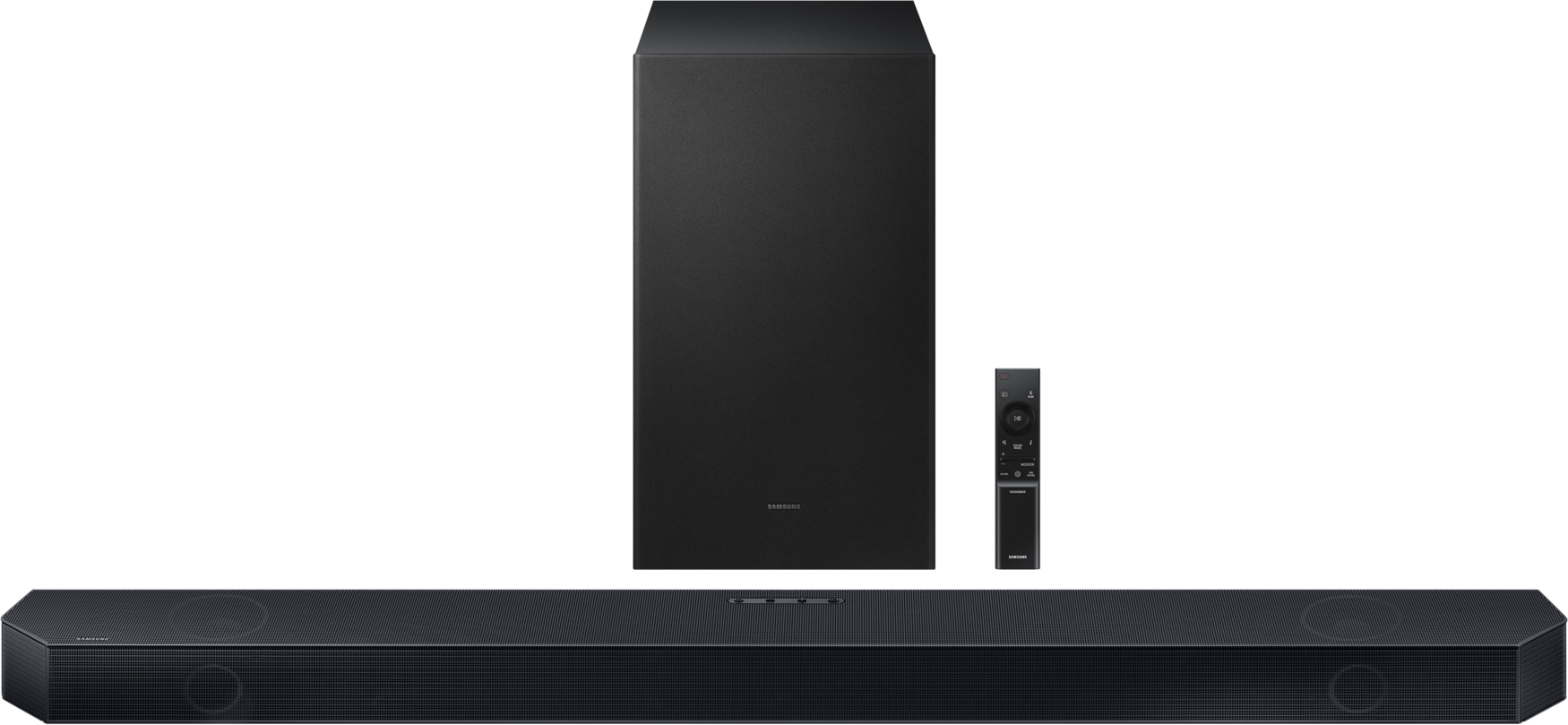 Schwarzer Subwoofer, Soundbar und Fernbedienung auf schwarzem Hintergrund.
