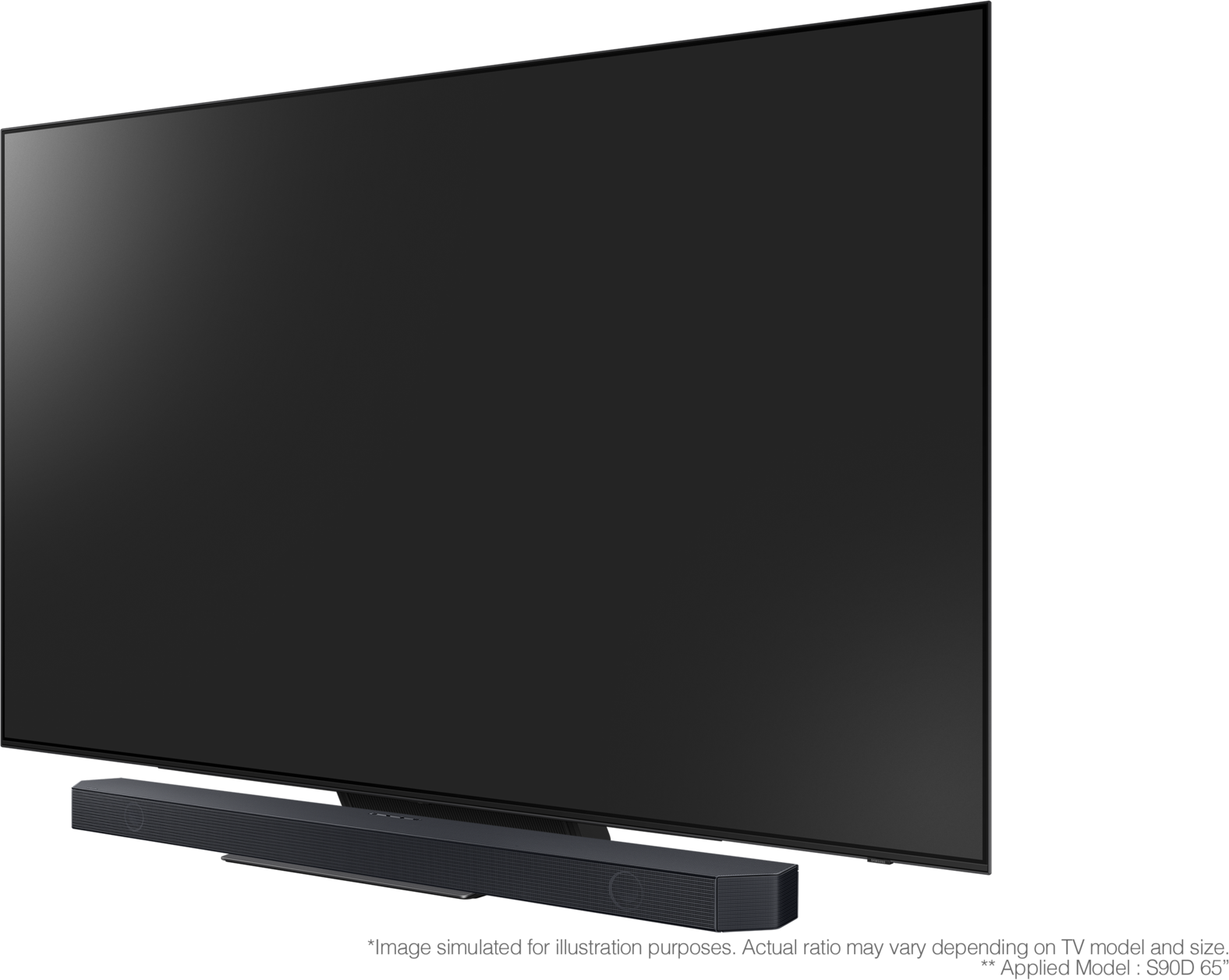 Ein schwarzer Fernseher mit einer schwarzen Soundbar davor, auf schwarzem Hintergrund.