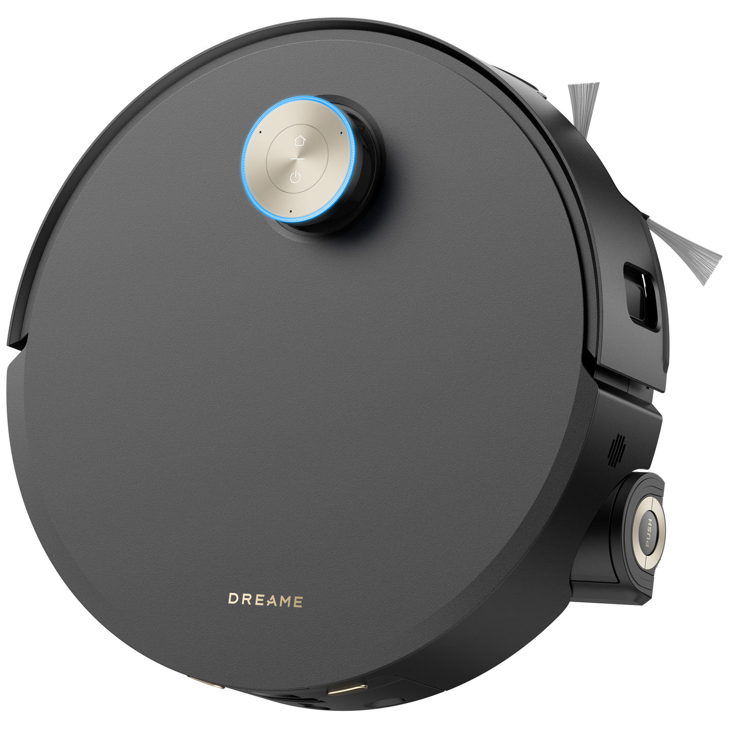 Een ronde, donkere robotstofzuiger met een blauw verlichte knop en zijborstels.