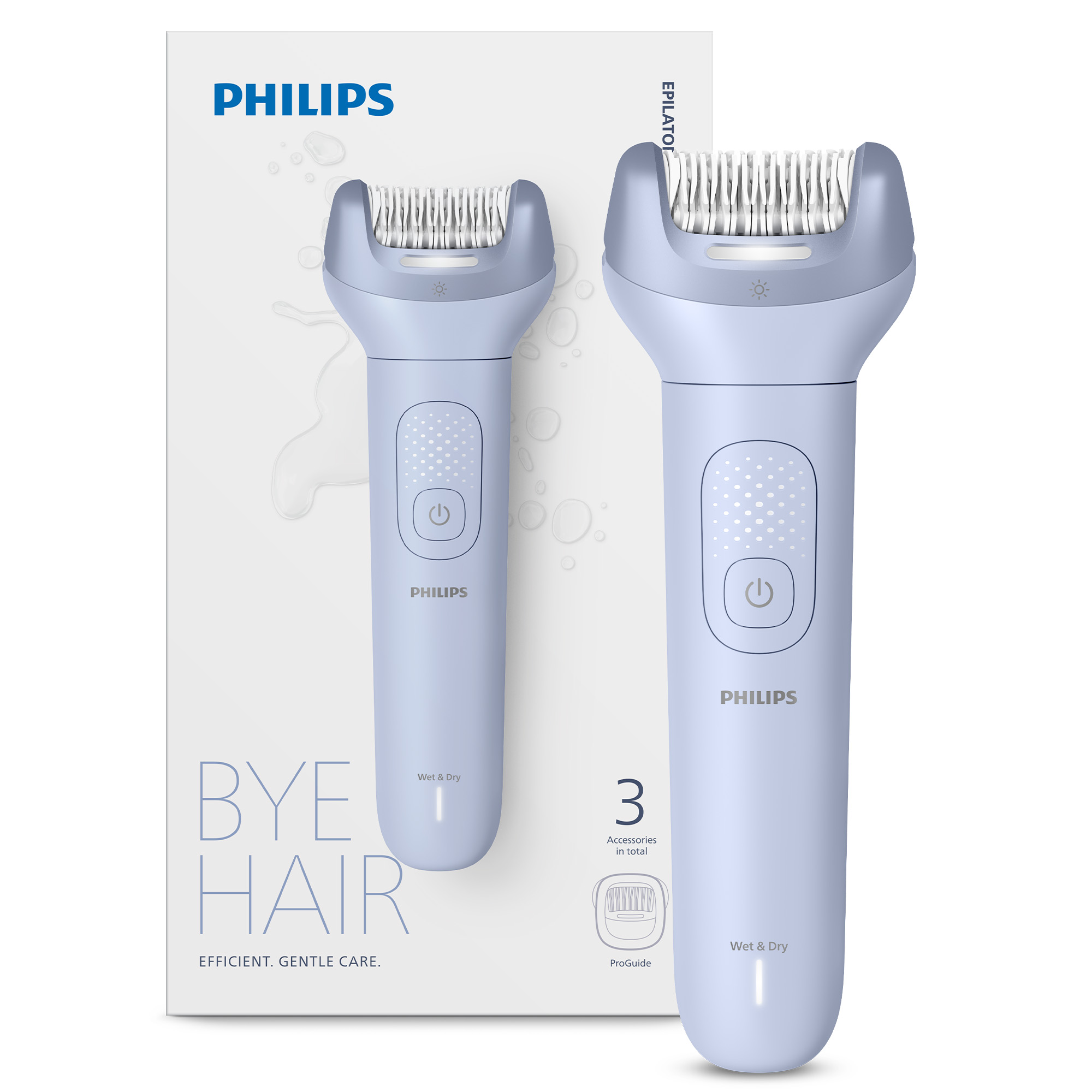 Jasnoniebieski depilator Philips i jego opakowanie z napisem 