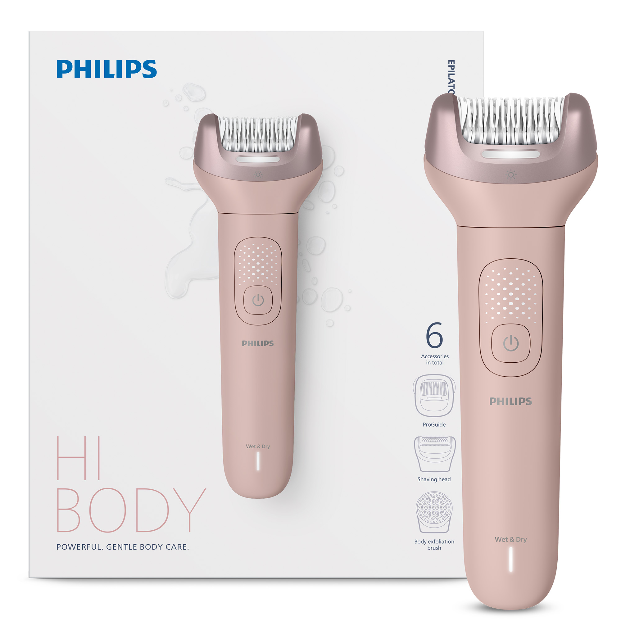 Różowy depilator Philips z akcesoriami na białym tle.