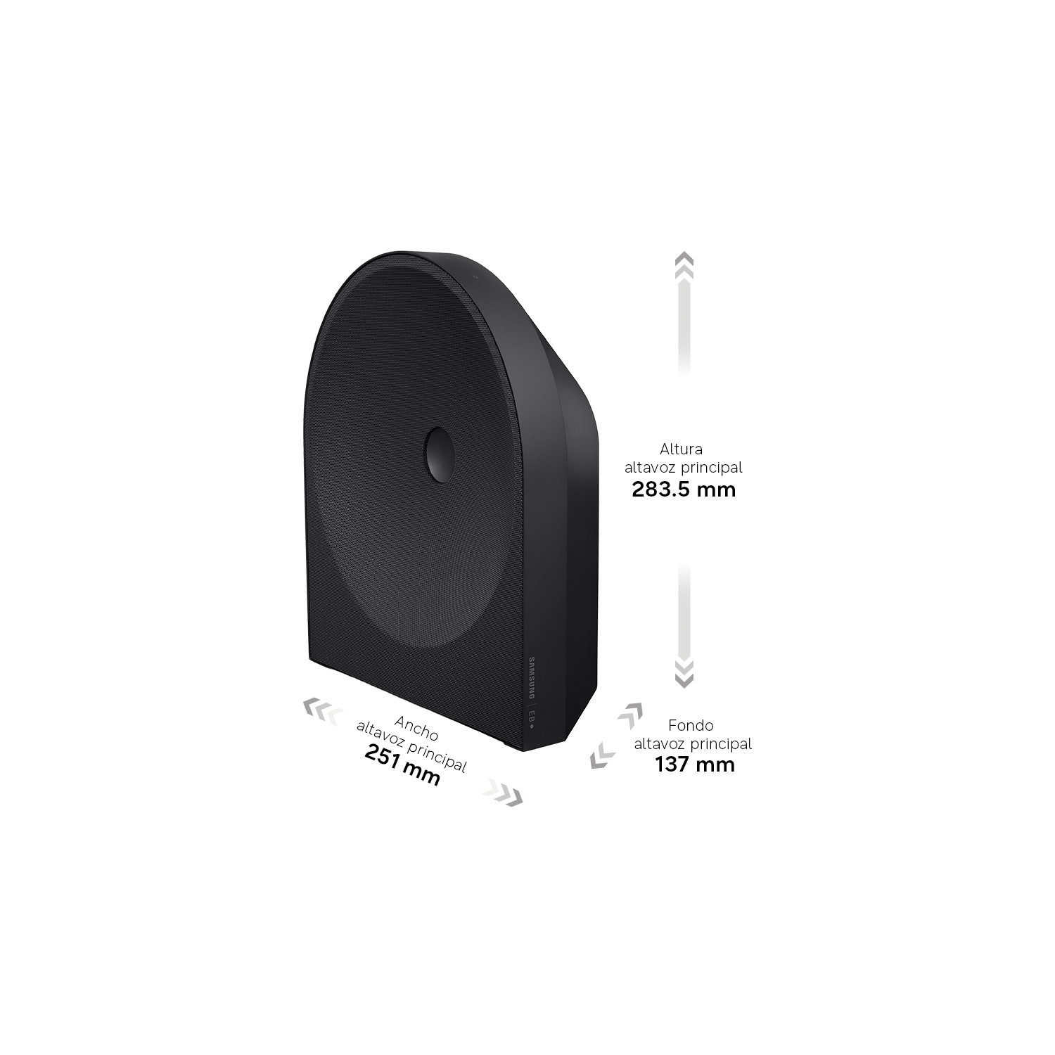 Altura altavoz principal 283.5 mm. Ancho altavoz principal 251 mm. Fondo altavoz principal 137 mm.