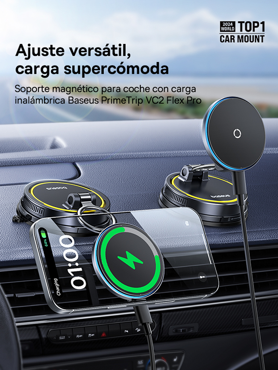 2024 world. Top 1. Car Mount. Ajuste versátil, carga supercómoda. Soporte magnético para coche con carga inalámbrica Baseus Prime Trip VC2 Flex Pro
