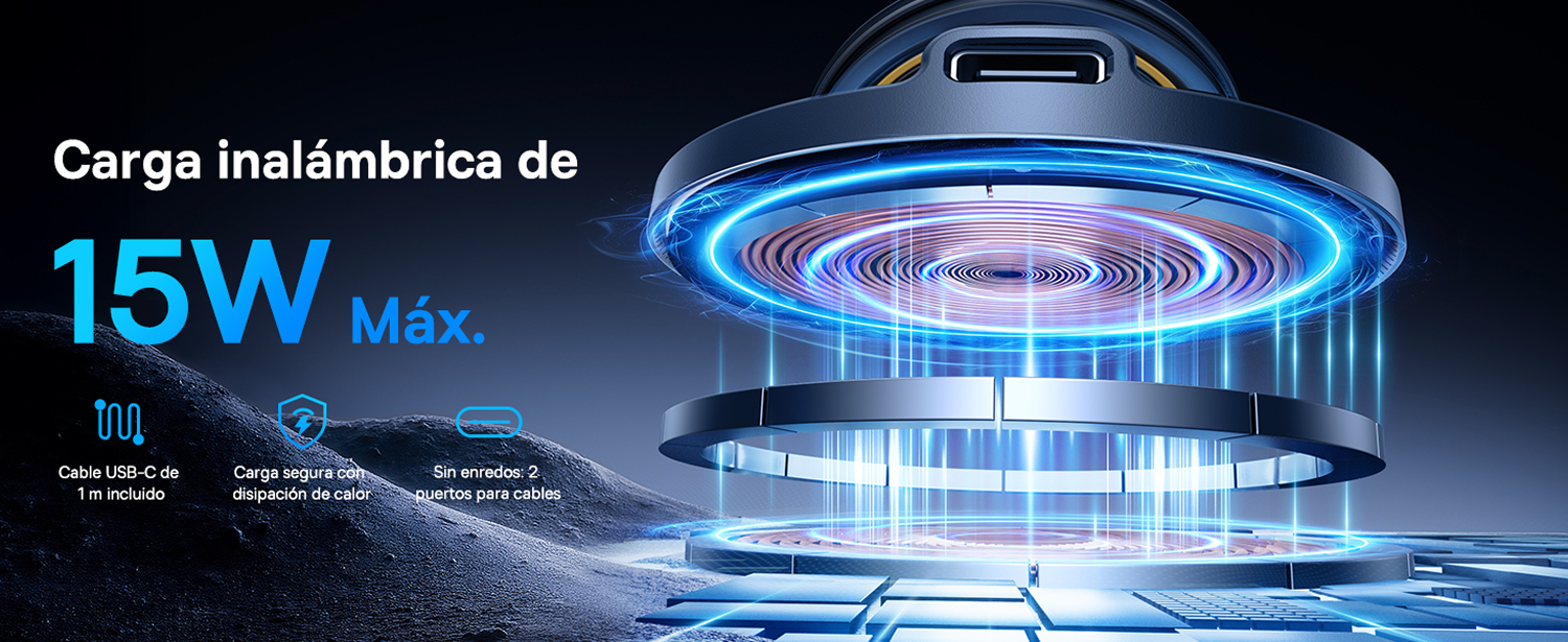 Carga inalámbrica 15W máx. Cable USB-C de 1m incluido. Carga segura con disipación de calor. Sin enredos: 2 puertos para cables