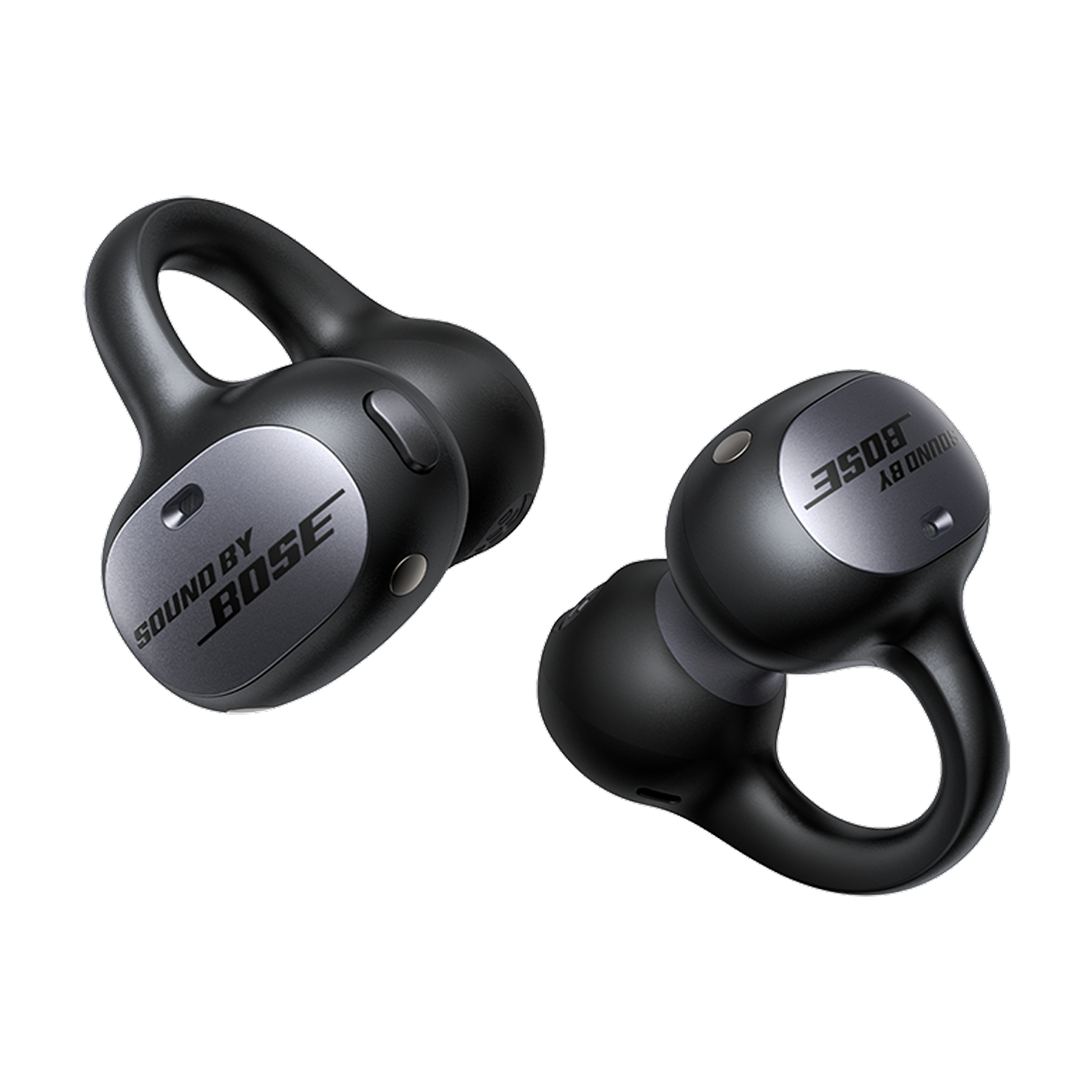 Par de auriculares inalámbricos Bose negros con detalles plateados y logo "SOUND BY BOSE".
