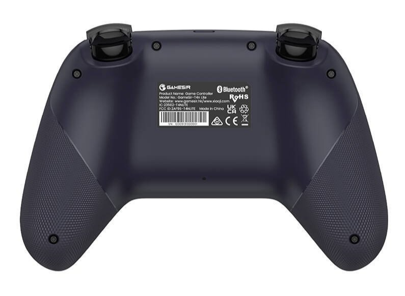 Granatowy gamepad od dołu ze szczegółami technicznymi i logotypami.