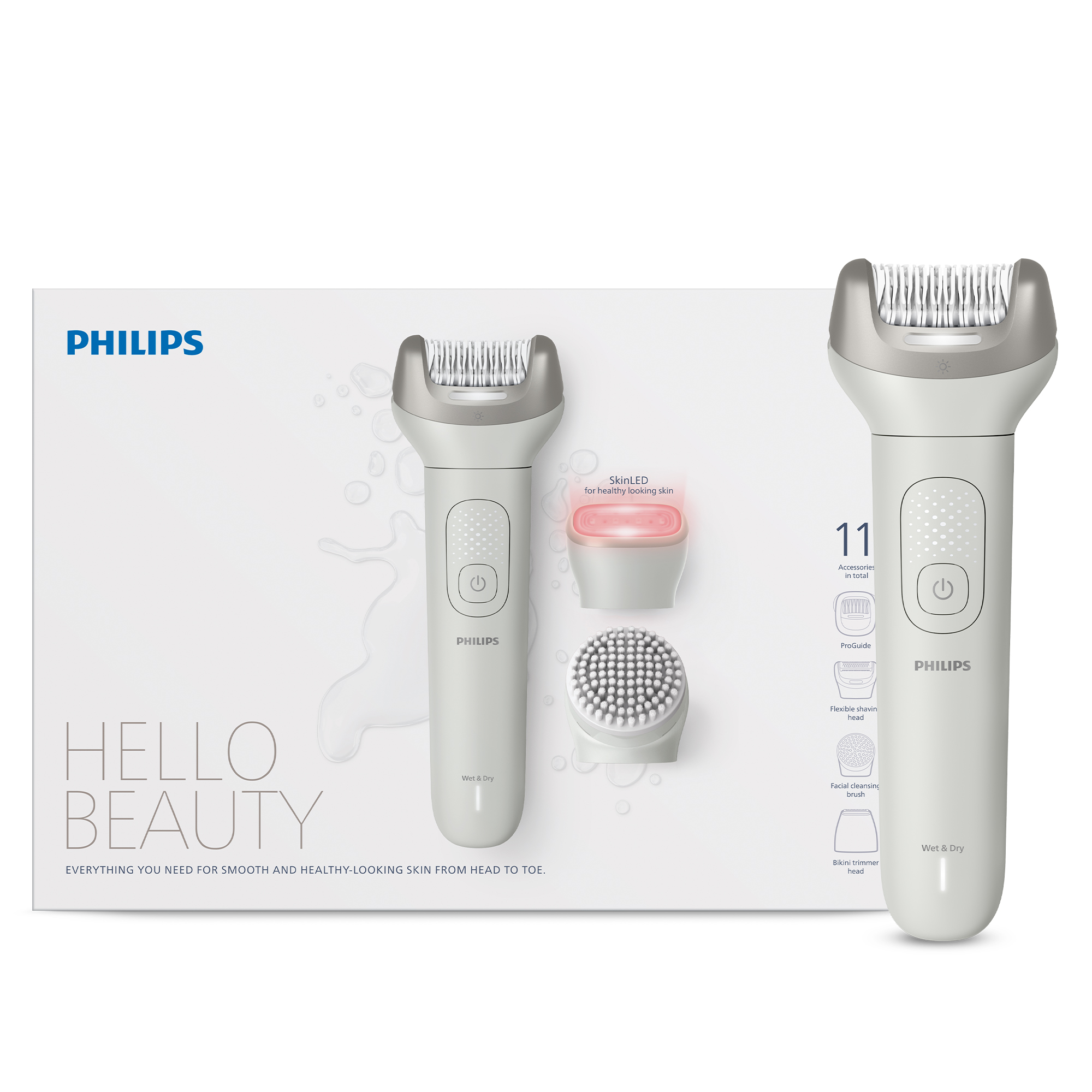 Depilator Philips z nasadkami na białym tle.