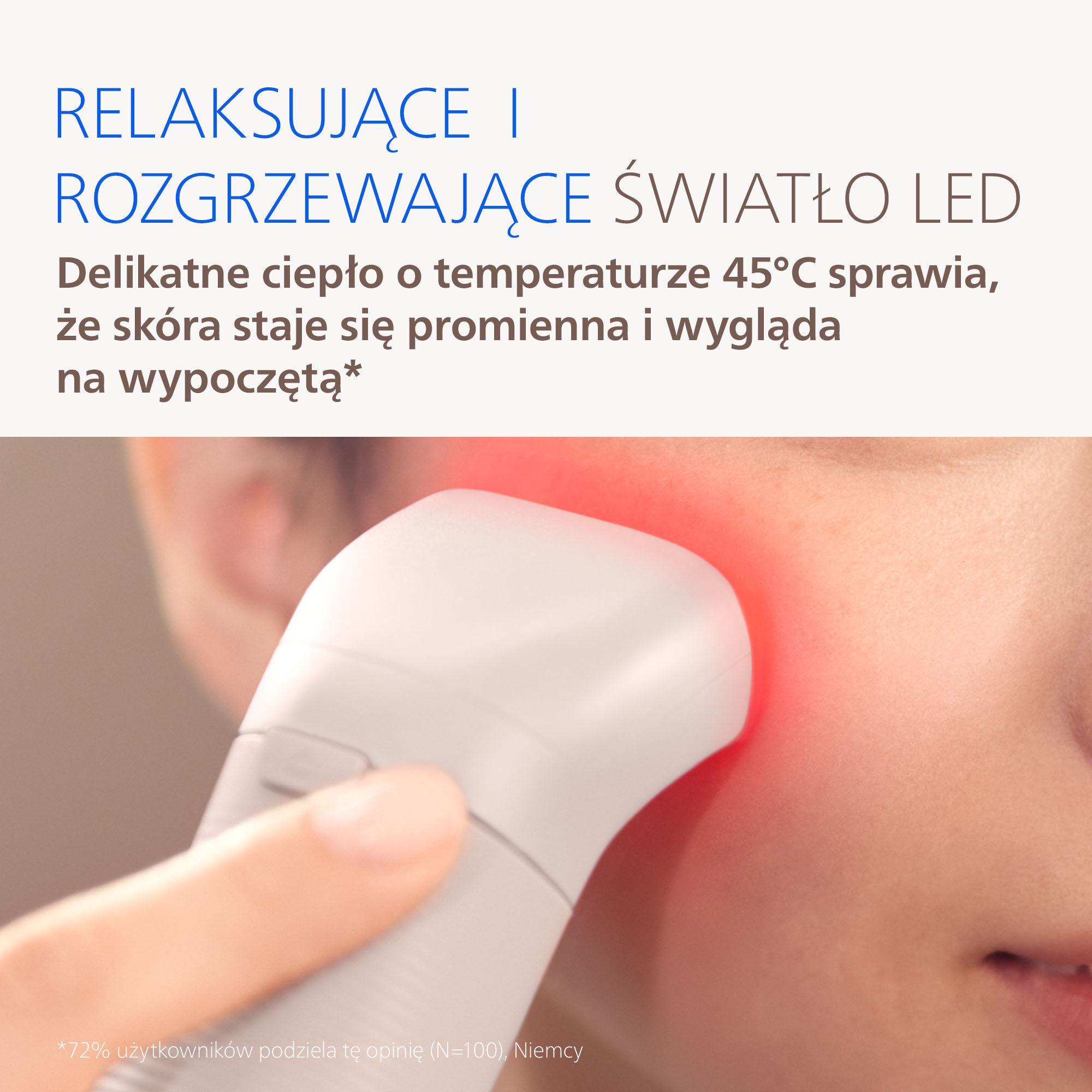 Białe urządzenie emituje czerwone światło na policzku. Tekst o świetle LED.