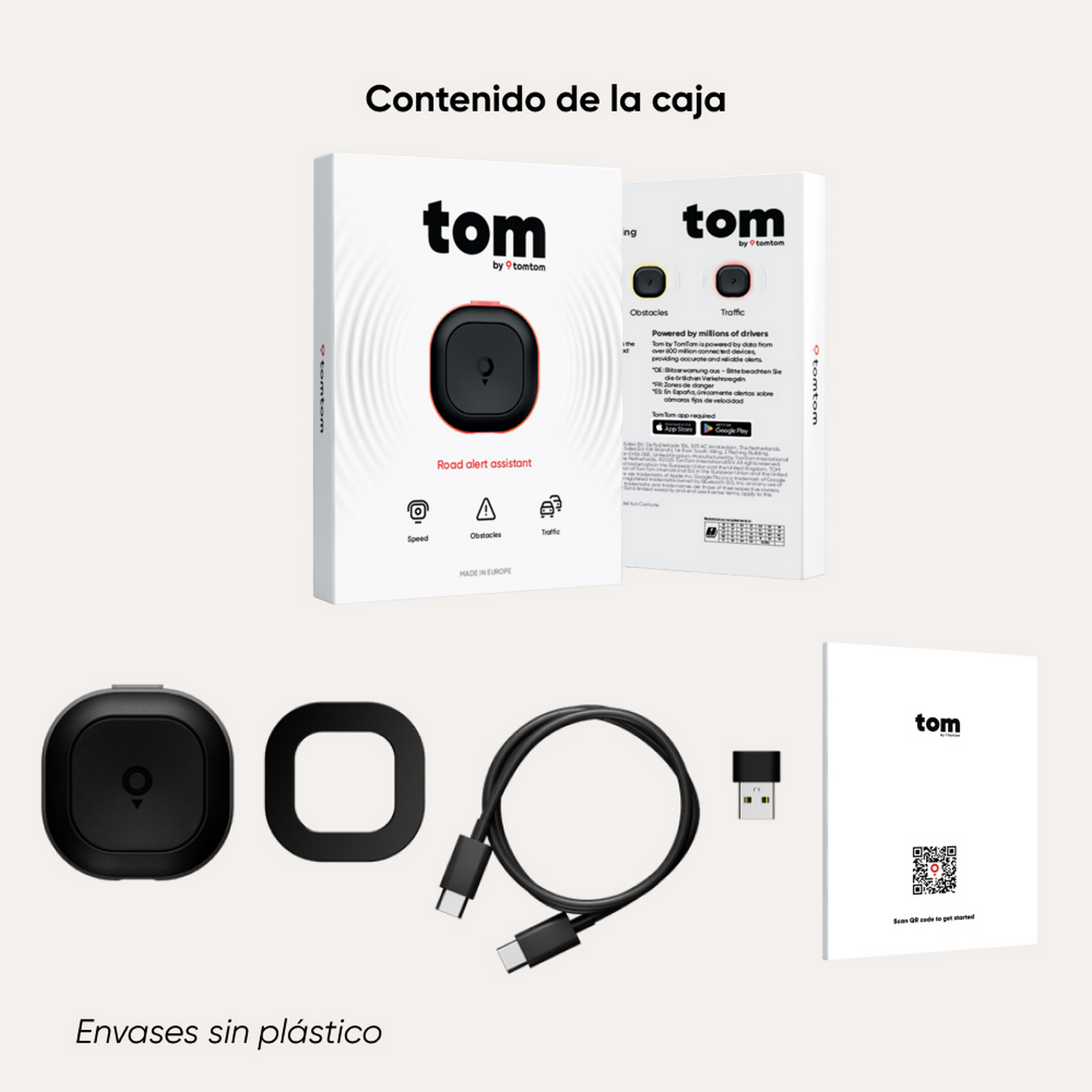 Contenido de la caja: dispositivo TomTom Road Alert Assistant, cable de carga, dongle USB, manual.