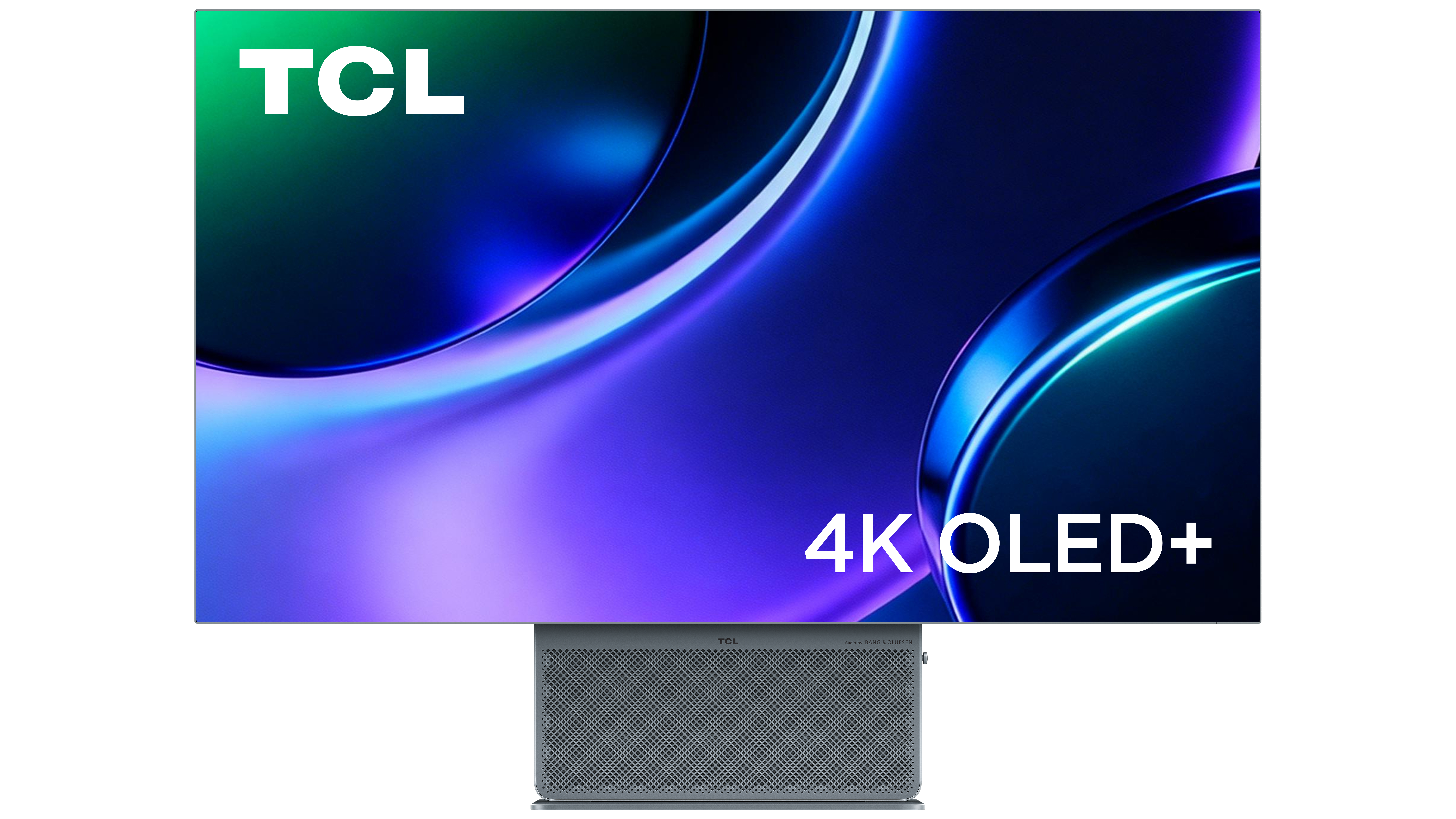 Ein moderner TCL 4K OLED+ Fernseher mit grauem Lautsprecherfuß und abstrakter blauer und violetter Hintergrundgrafik.