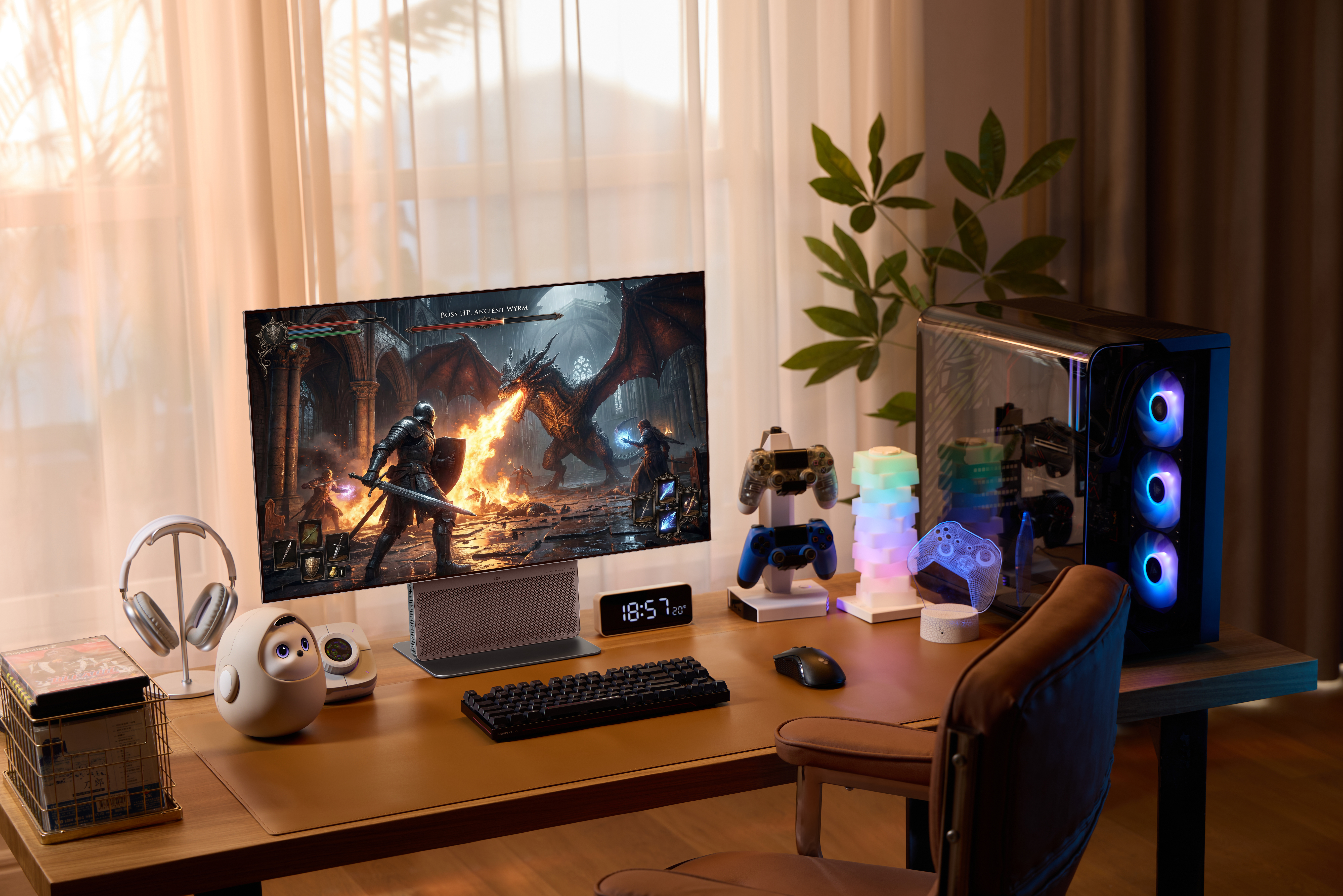 Gaming-Setup: Monitor zeigt Drachenkampf, PC mit RGB-Lüftern, Kopfhörer, Controller, Tastatur, Maus.
