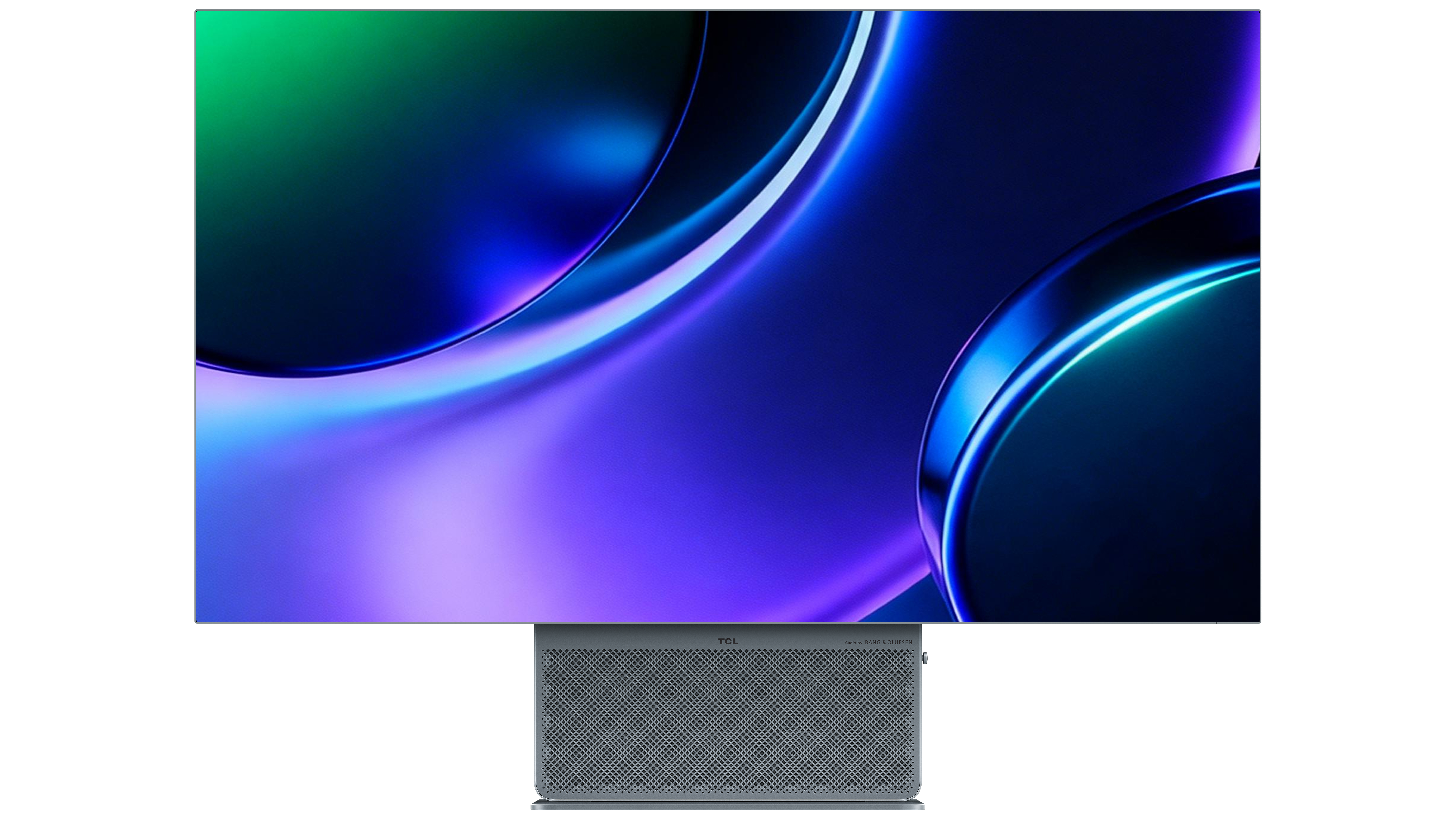 Moderner Fernseher mit grauem Lautsprecherfuß und abstraktem, leuchtendem Hintergrund.