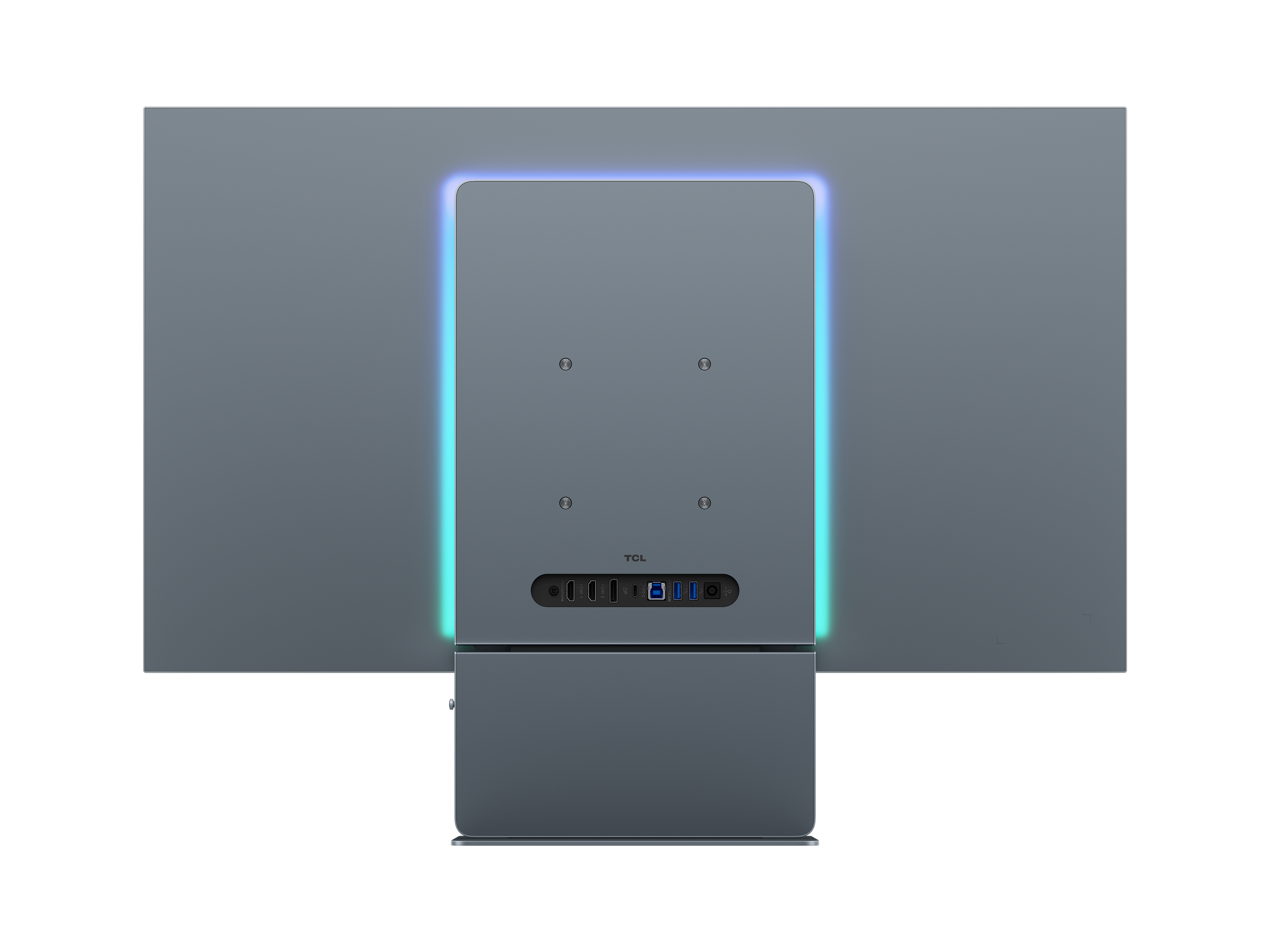 Rückseite eines grauen Monitors mit blauen und grünen LEDs und Anschlüssen.