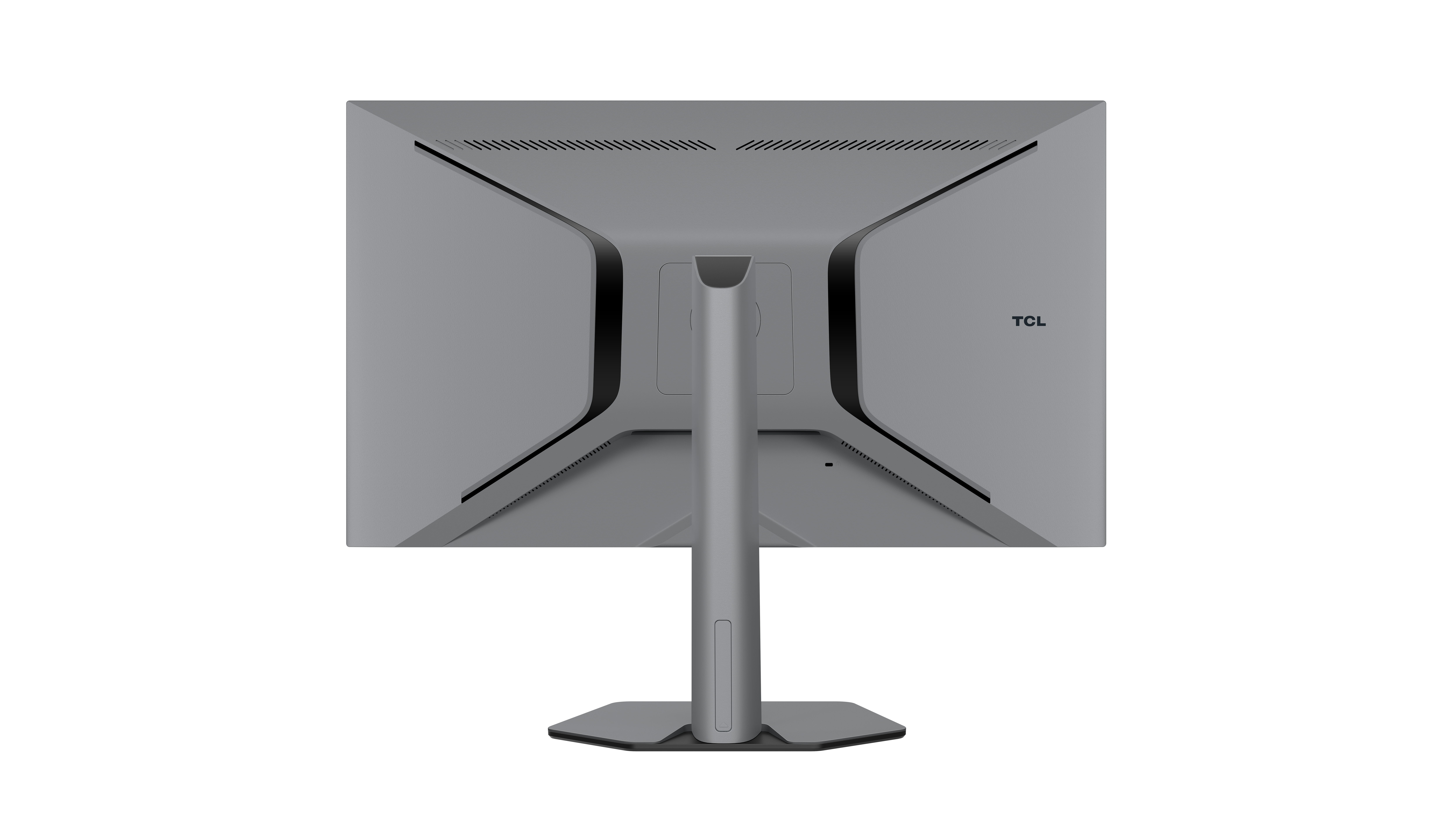 Rückseite eines grauen TCL-Monitors mit Standfuß und Lüftungsschlitzen.