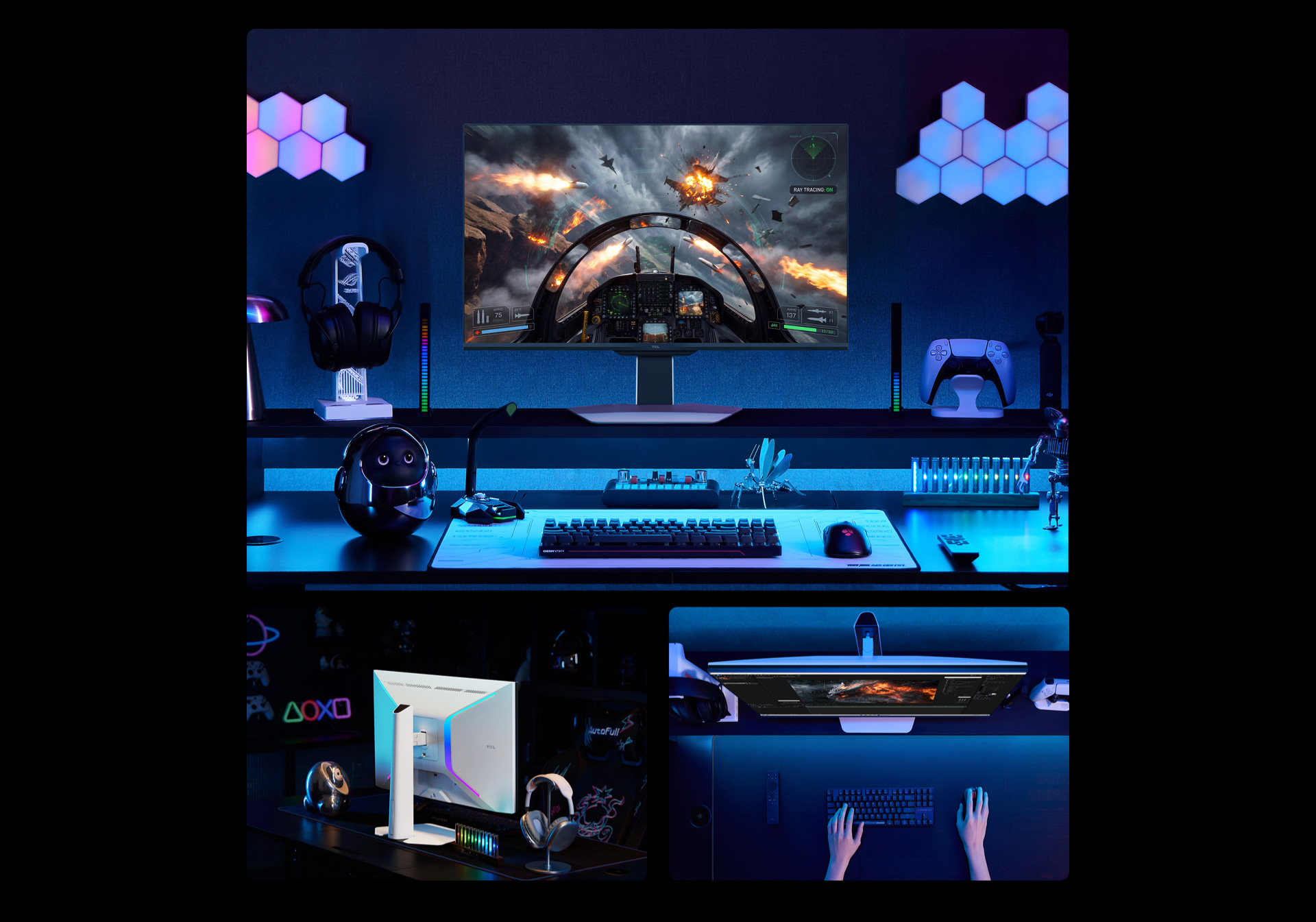 Ein Schreibtisch eines Gamers mit RGB-Beleuchtung, Monitor zeigt eine Jet-Schlacht, Tastatur, Kopfhörer und Controller.
