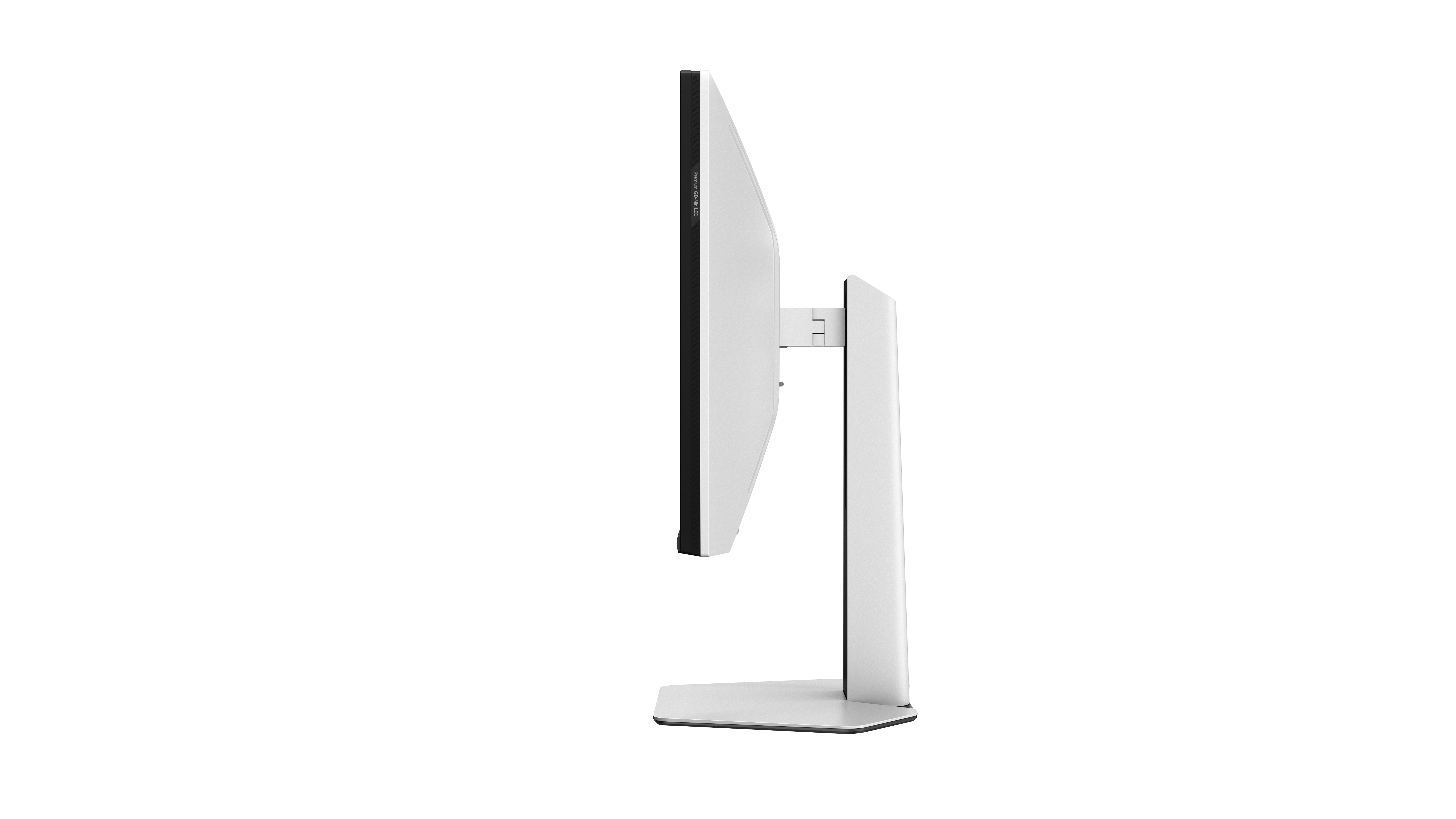 Ein moderner weißer Monitor mit schlankem Rahmen und einem weißen Ständer.