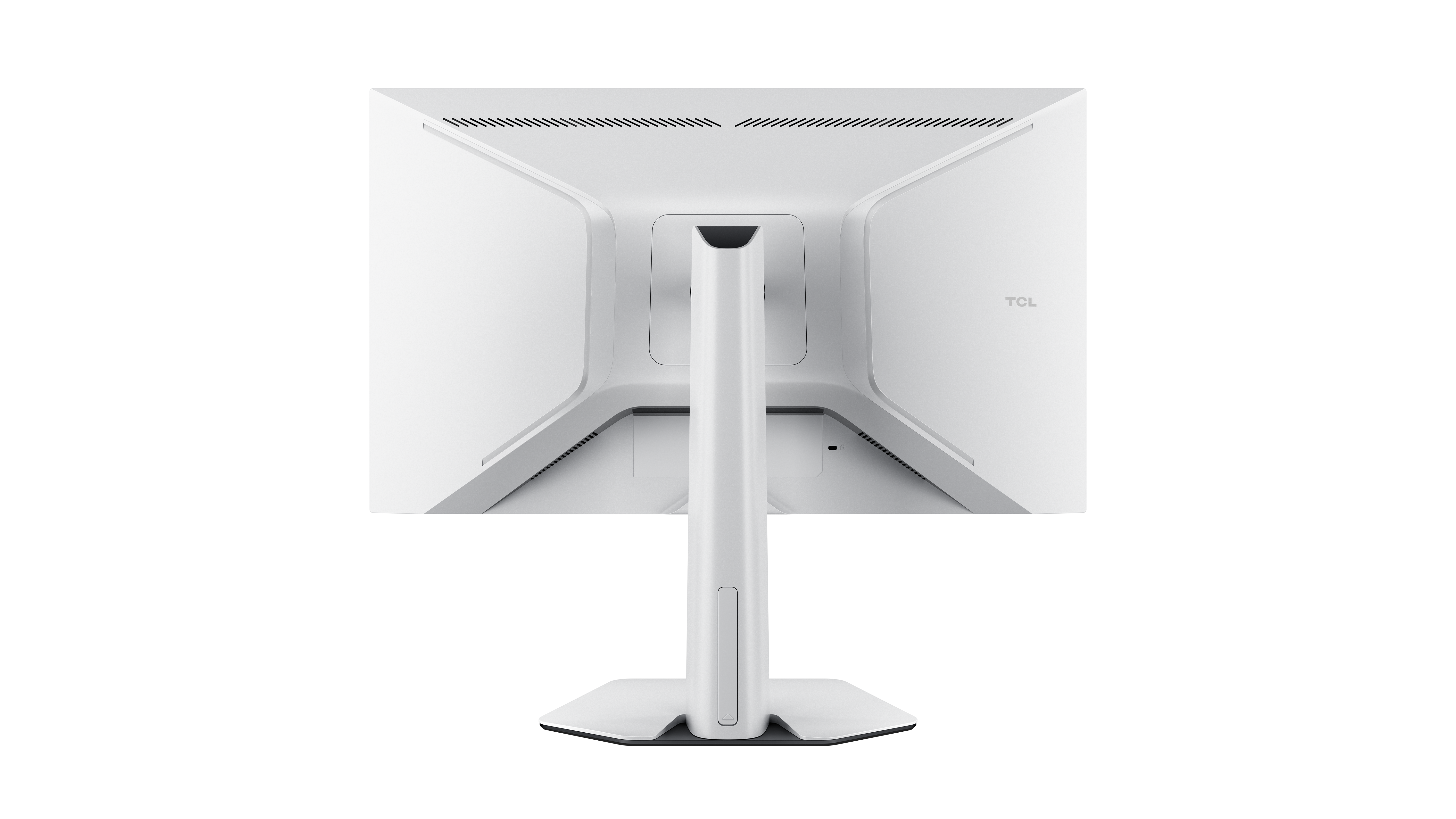 Rückansicht eines weißen TCL-Monitors mit Ständer und schlankem Design.