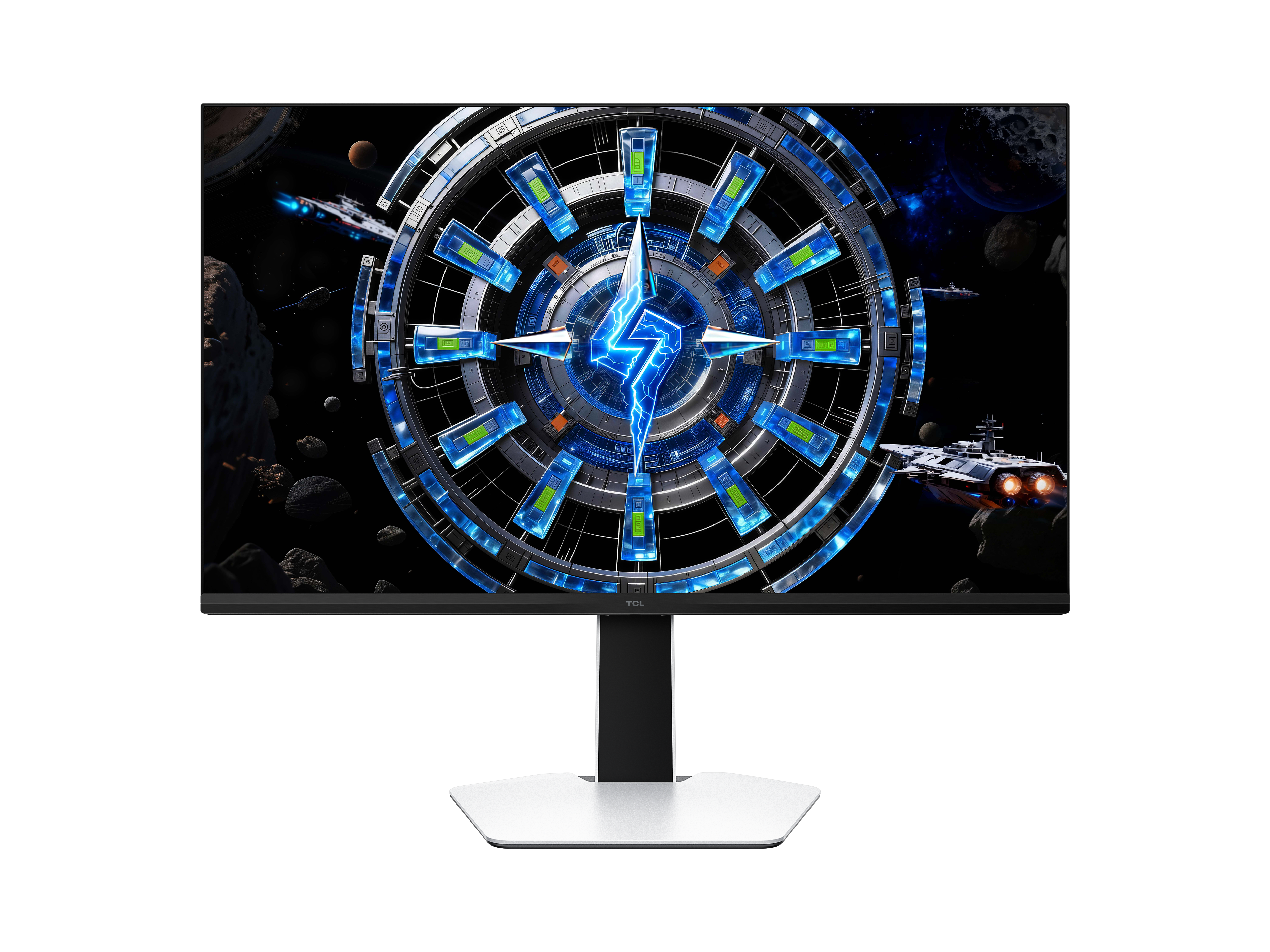 Ein futuristischer Monitor zeigt eine Weltraumszene mit Raumschiffen und einem Ring.