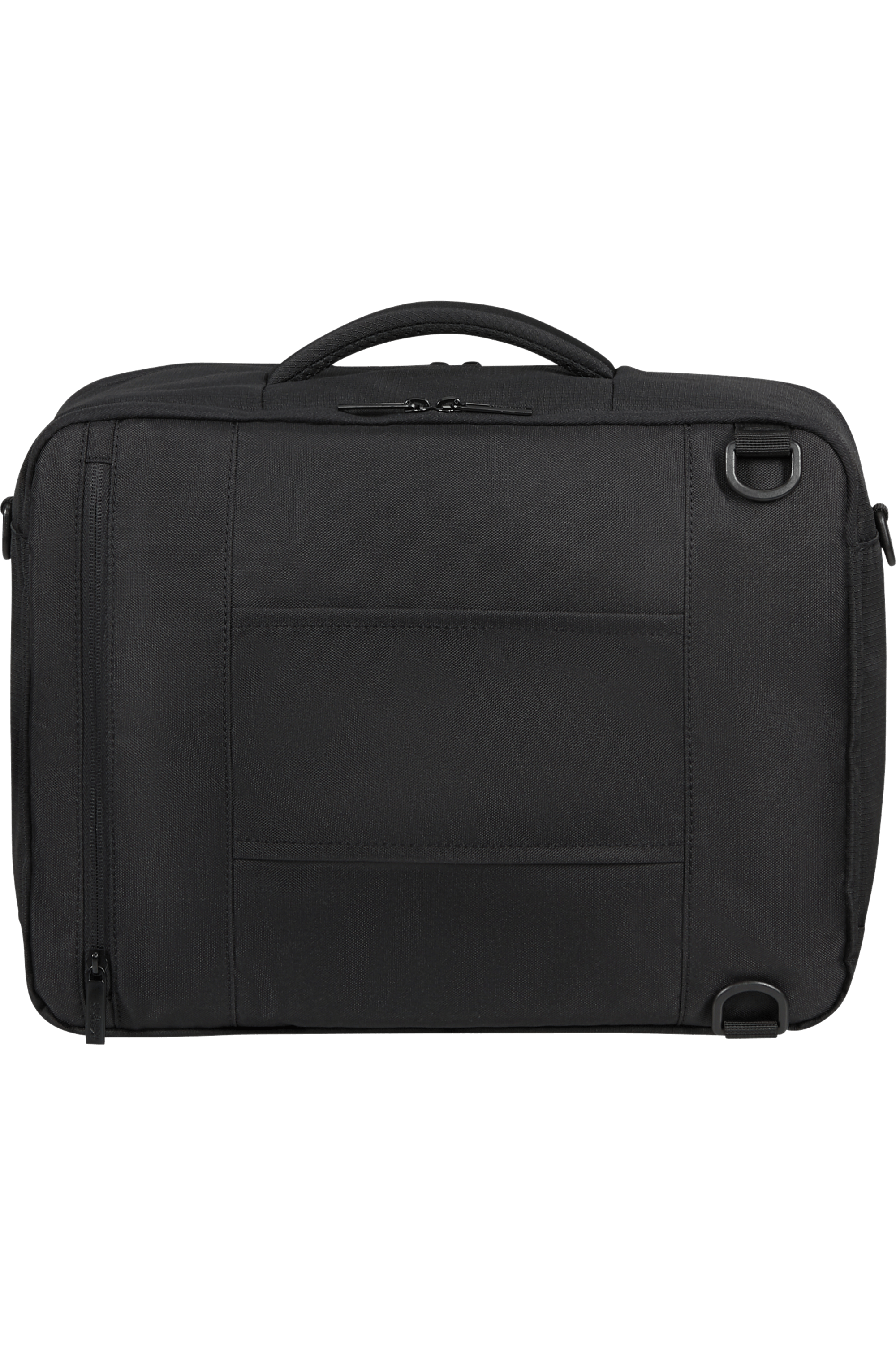 Fekete laptop táska fogantyúval és D-gyűrűkkel.