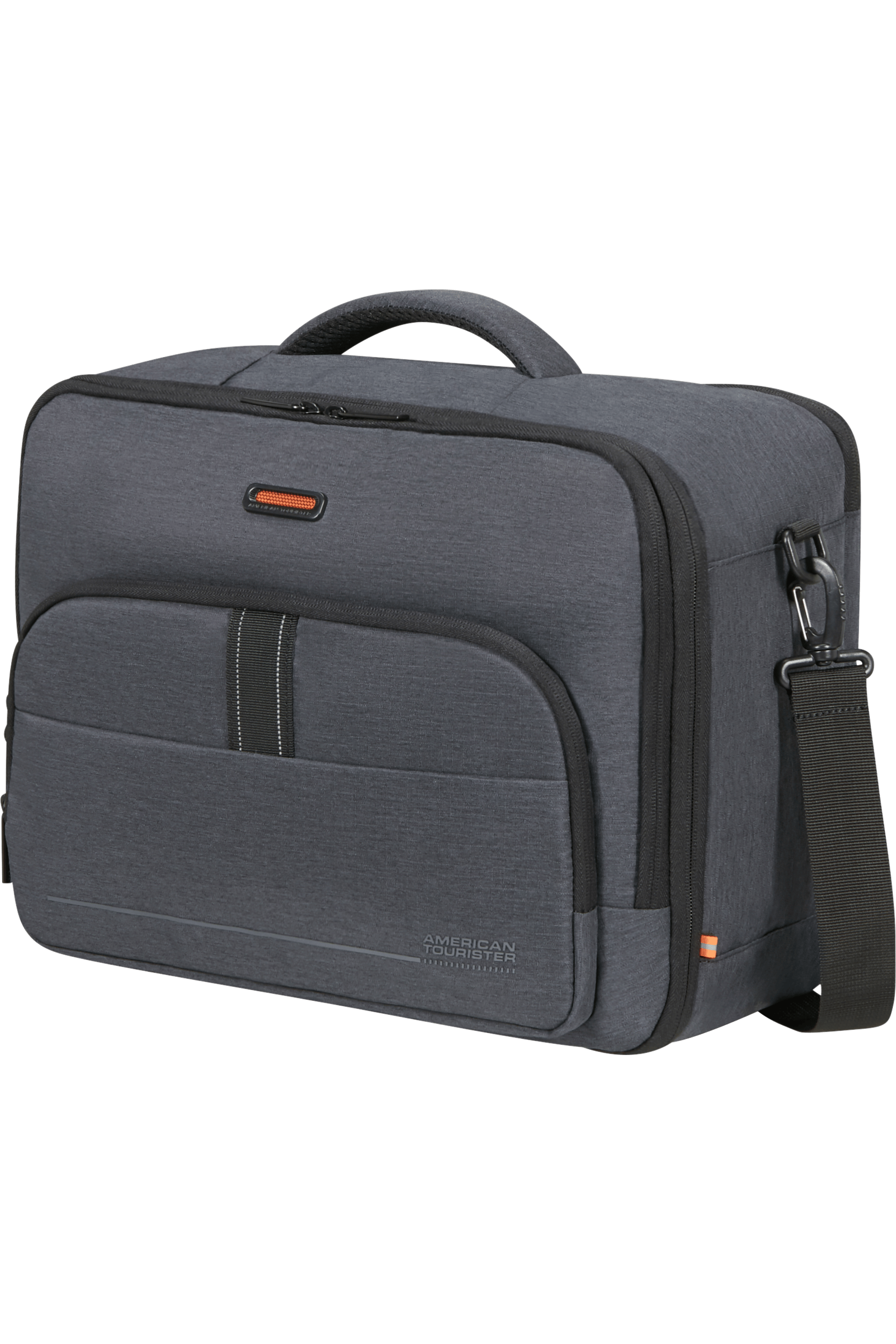 Sötétszürke American Tourister laptop táska fogantyúval és vállpánttal.
