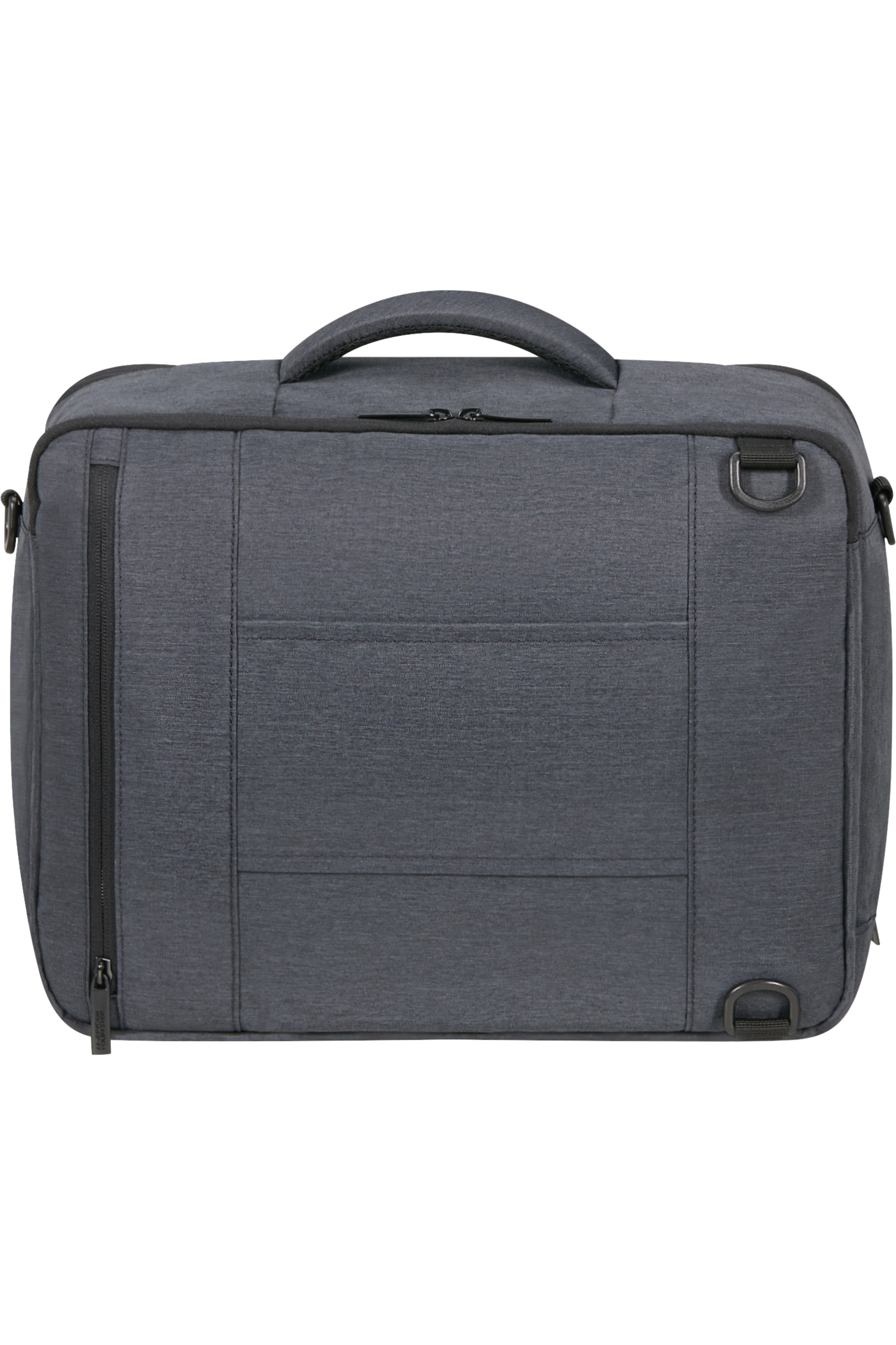 Egy szürke laptop táska fogantyúkkal és cipzárakkal.