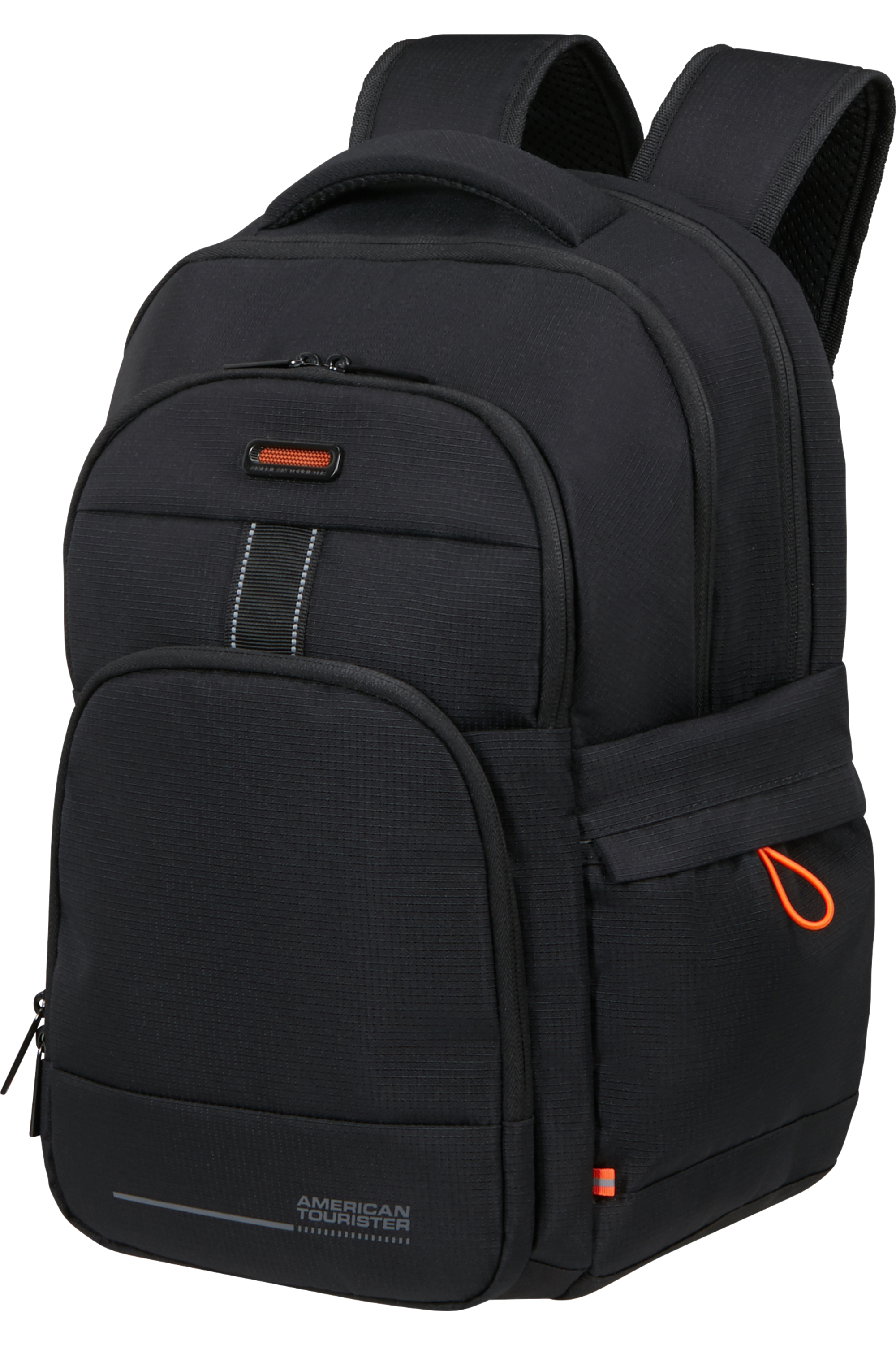 Fekete hátizsák narancssárga díszítéssel és „American Tourister” logóval.