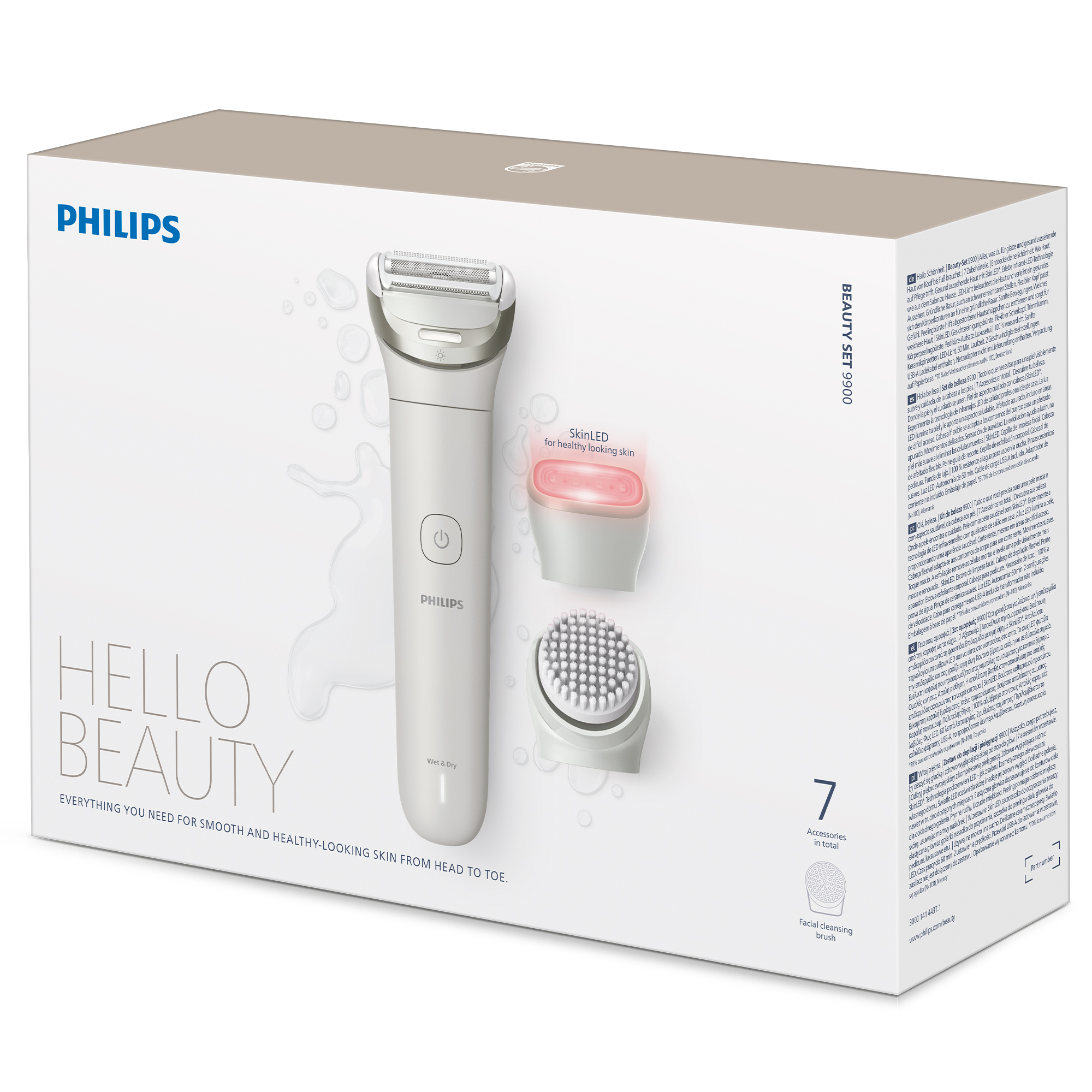 Philips Beauty Set 9900: Depilator, SkinLED, szczotka do twarzy, akcesoria.