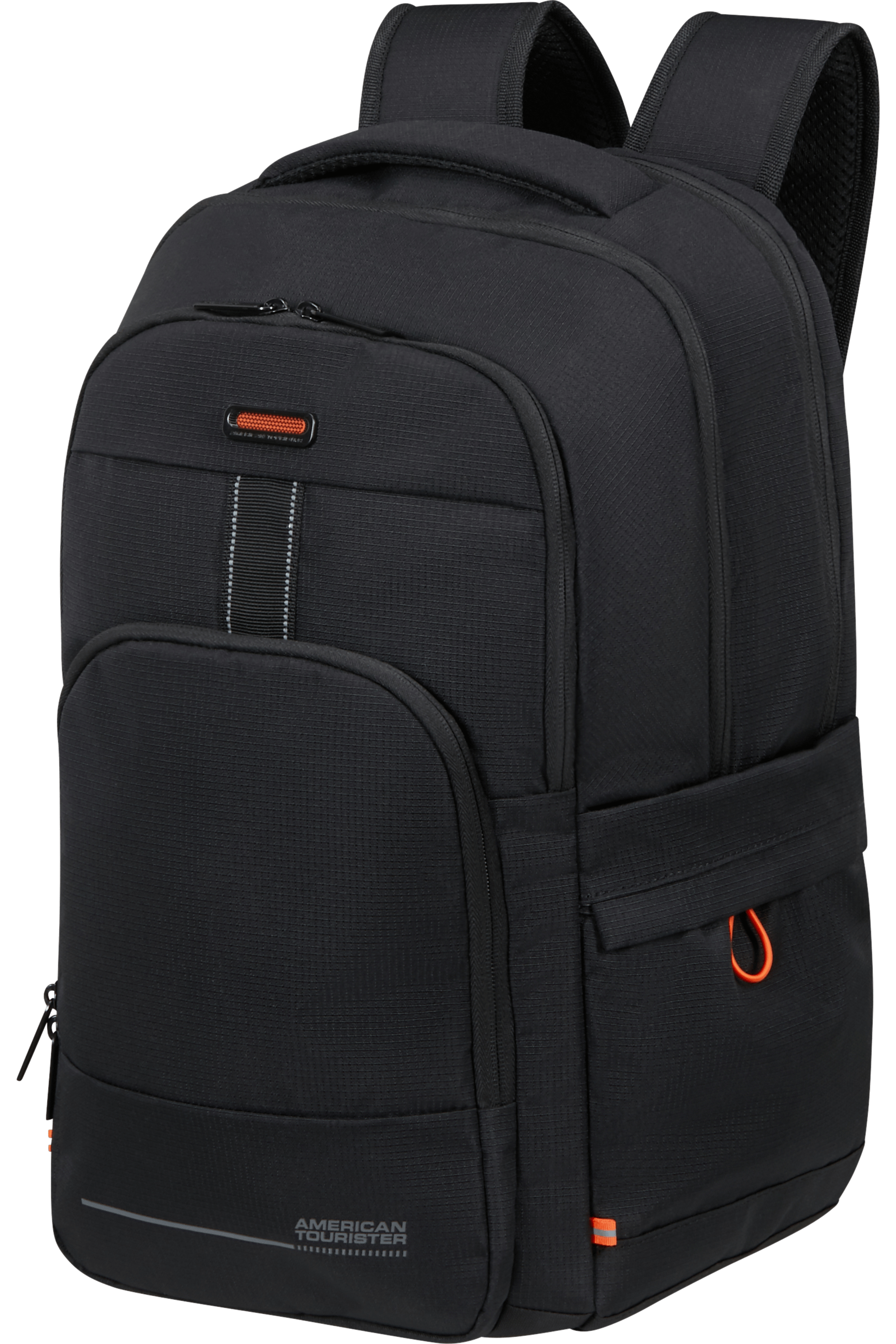 Fekete hátizsák narancssárga díszítéssel és AMERICAN TOURISTER logóval.